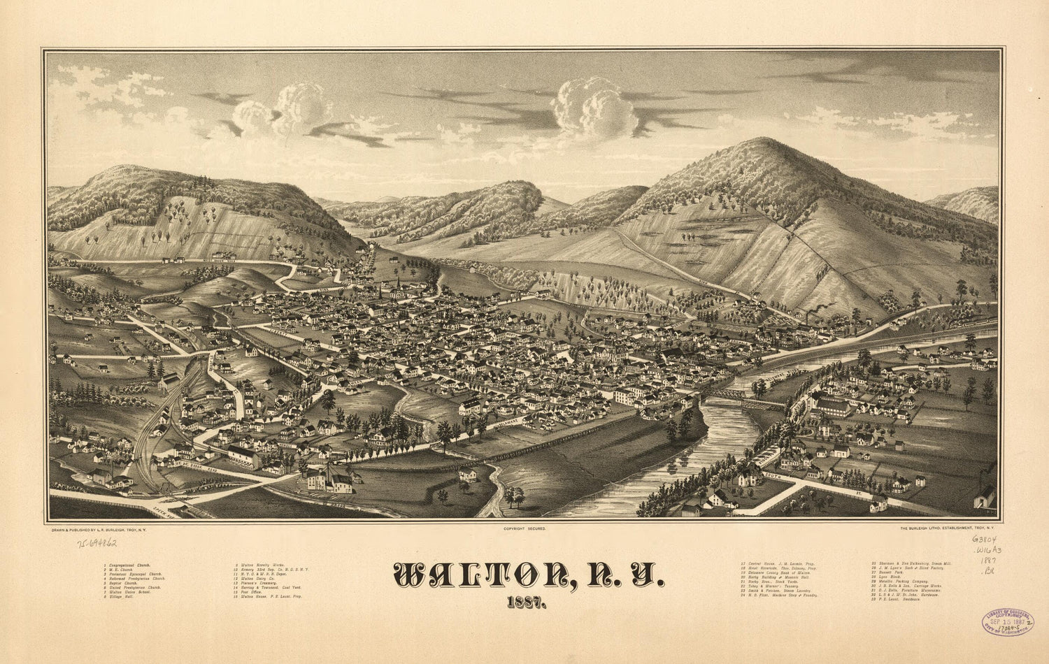 This old map of Walton, New York from 1887 was created by  Burleigh Litho, L. R. (Lucien R.) Burleigh in 1887