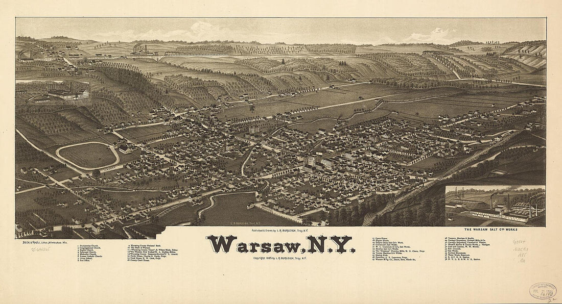 This old map of Warsaw, New York from 1885 was created by  Beck &amp; Pauli, L. R. (Lucien R.) Burleigh in 1885