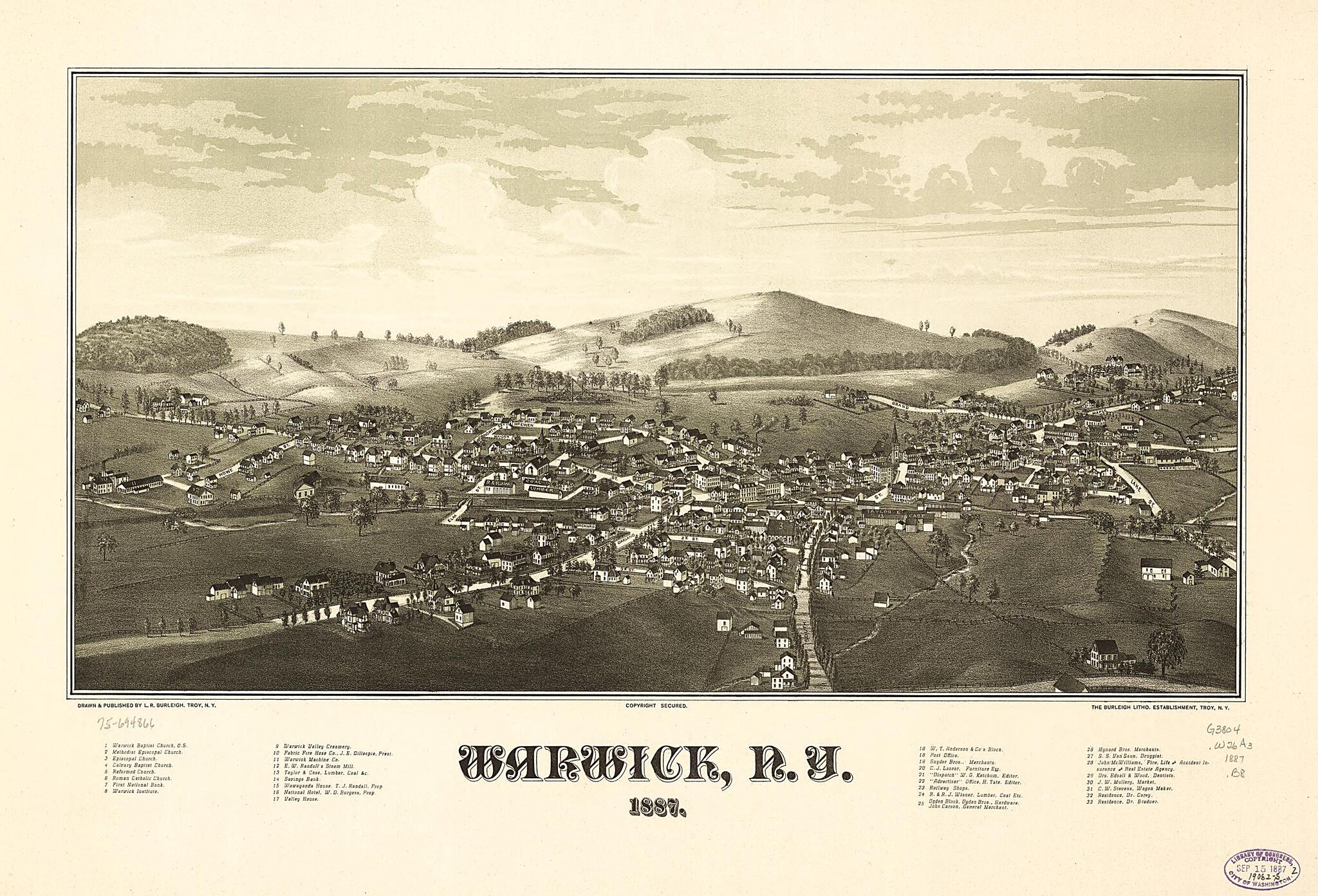 This old map of Warwick, New York from 1887 was created by  Burleigh Litho, L. R. (Lucien R.) Burleigh in 1887