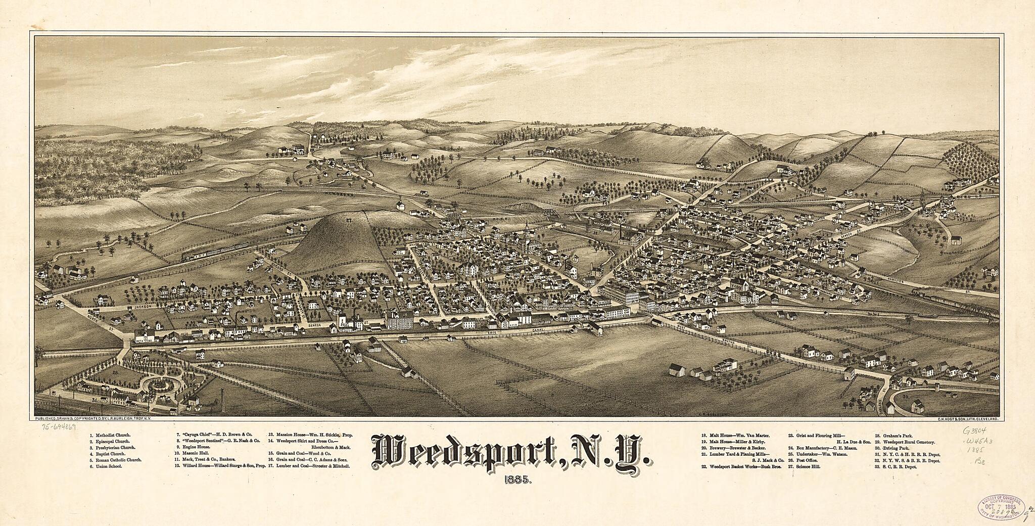 This old map of Weedsport, New York from 1885 was created by L. R. (Lucien R.) Burleigh,  C.H. Vogt &amp; Son in 1885