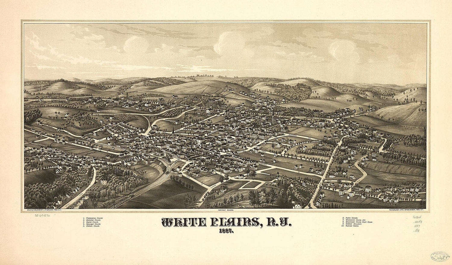 This old map of White Plains, New York from 1887 was created by  Burleigh Litho, L. R. (Lucien R.) Burleigh in 1887