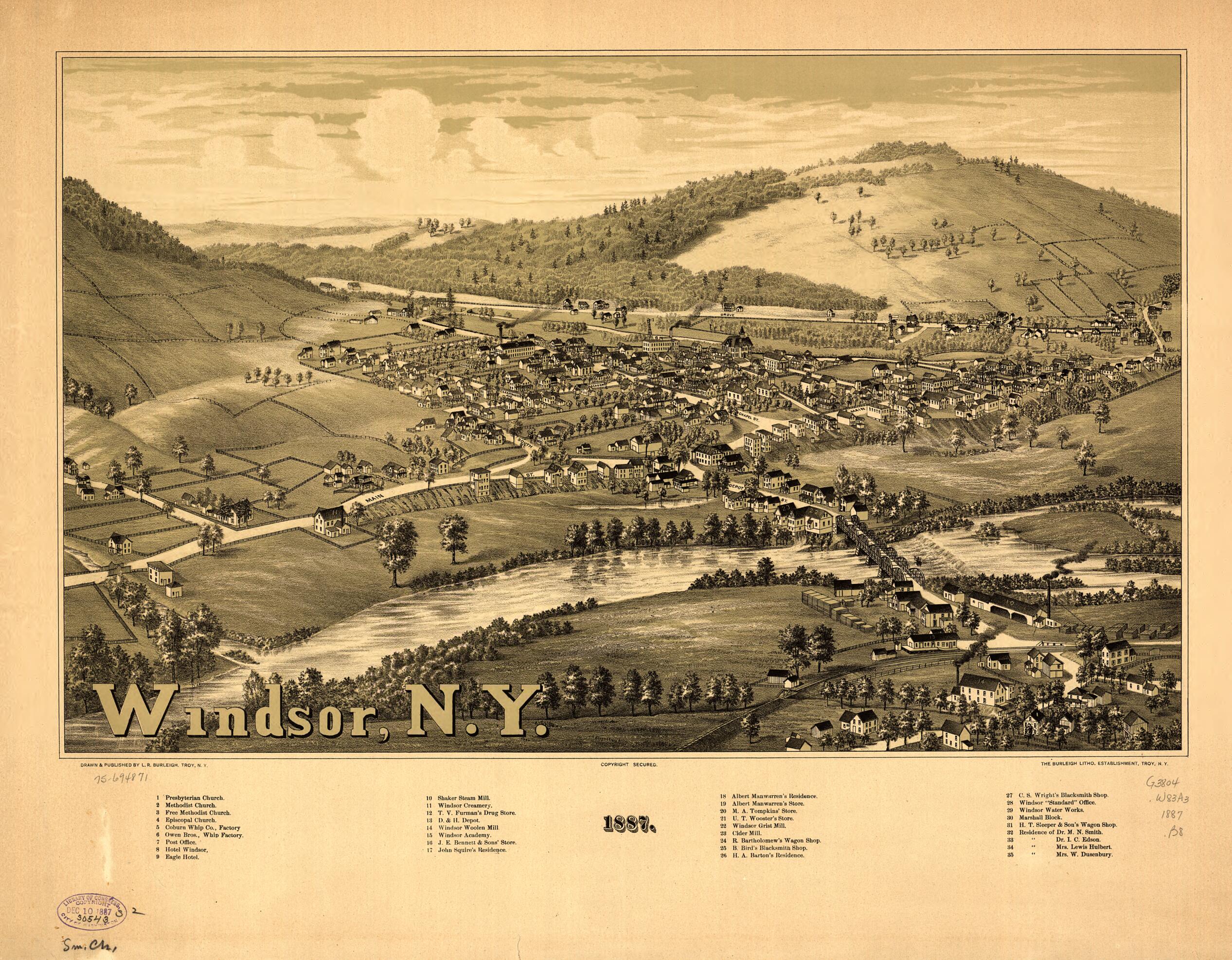 This old map of Windsor, New York from 1887 was created by  Burleigh Litho, L. R. (Lucien R.) Burleigh in 1887