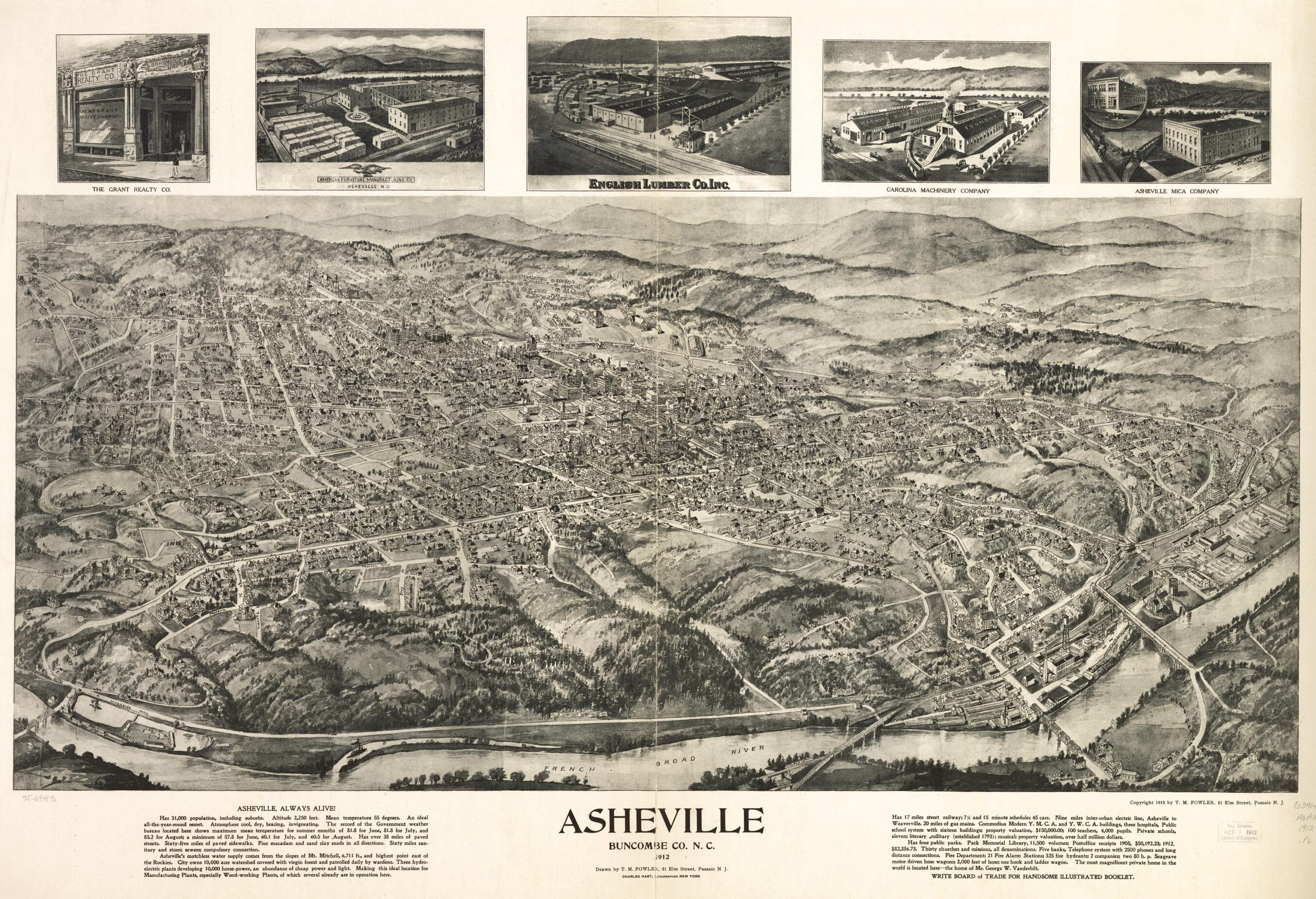 This old map of Asheville, Buncombe Co. N.C. from 1912 was created by  Charles Hart Litho, T. M. (Thaddeus Mortimer) Fowler in 1912