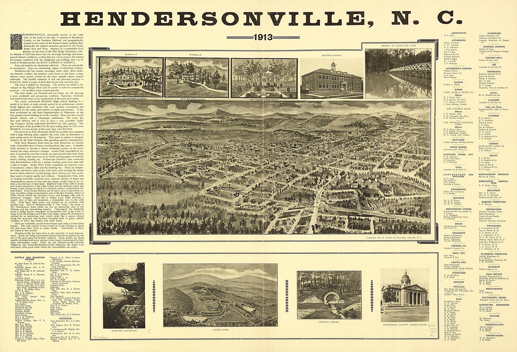 This old map of Hendersonville, N.C. from 1913 was created by T. M. (Thaddeus Mortimer)] [Fowler,  Fowler &amp; Browning in 1913