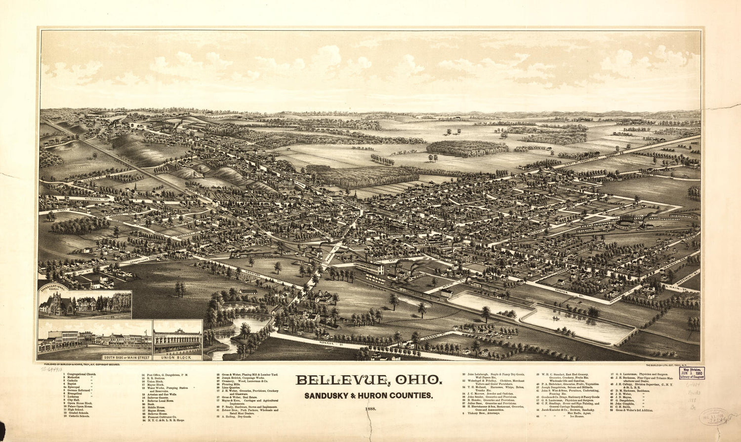 This old map of Bellevue, Ohio, Sandusky &amp; Huron Counties from 1888 was created by  Burleigh &amp; Norris,  Burleigh Litho in 1888