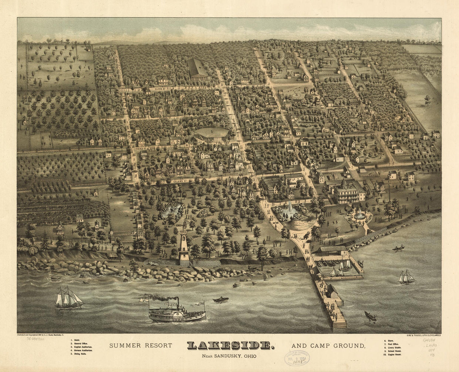 This old map of Lakeside Summer Resort and Camp Ground, Near Sandusky, Ohio from 1884 was created by A. J. Hare,  Sinz &amp; Fausel Lith in 1884