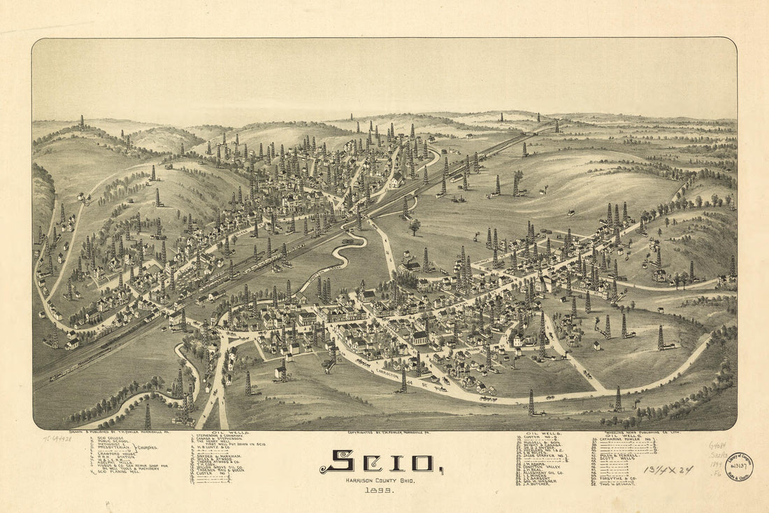 This old map of Scio, Harrison County, Ohio from 1899 was created by T. M. (Thaddeus Mortimer) Fowler,  Wheeling News Publishing Co in 1899