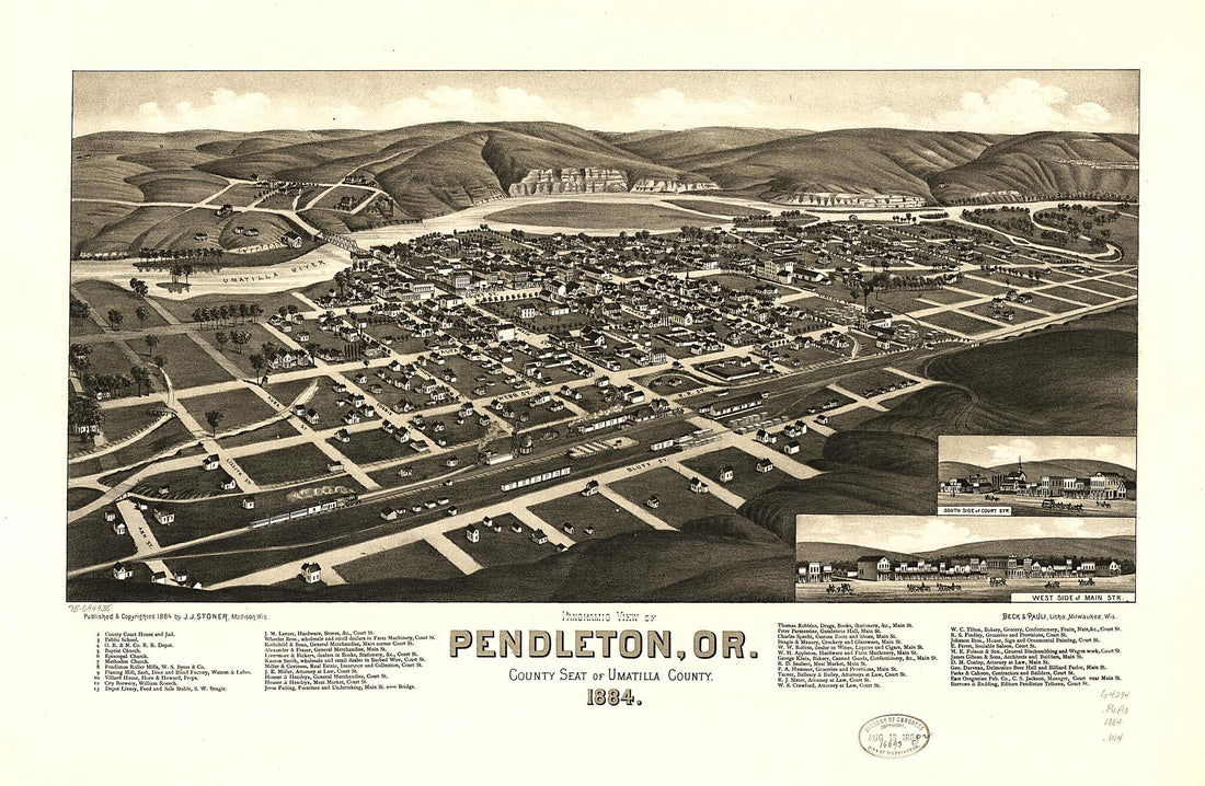 This old map of Panoramic View of Pendleton, Or., County Seat of Umatilla County from 1884 was created by  Beck &amp; Pauli, J. J. Stoner, H. (Henry) Wellge in 1884