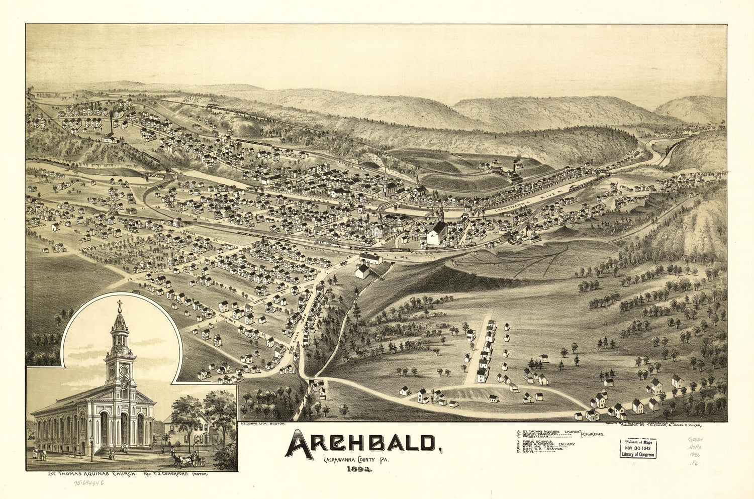 This old map of Archbald, Lackawanna County, Pennsylvania from 1892 was created by A. E. (Albert E.) Downs, T. M. (Thaddeus Mortimer) Fowler, James B. Moyer in 1892