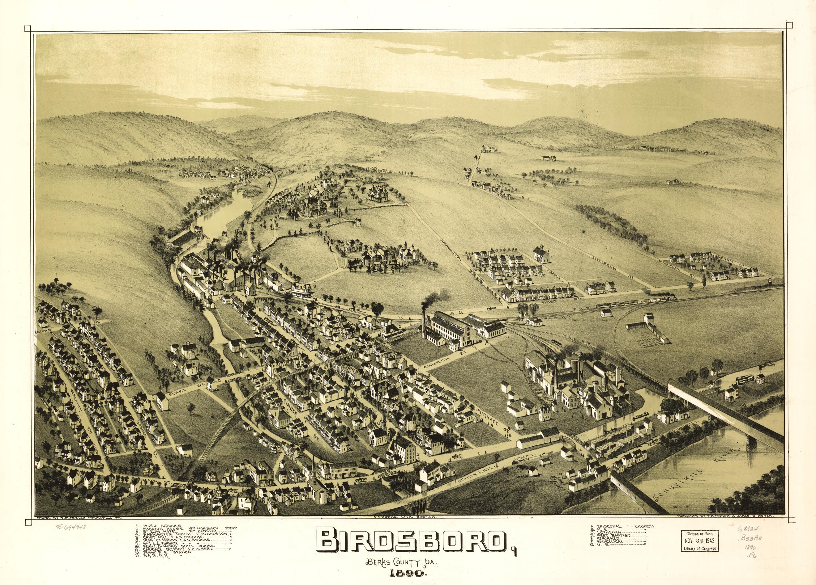 This old map of Birdsboro, Berks County, Pennsylvania from 1890 was created by A. E. (Albert E.) Downs, T. M. (Thaddeus Mortimer) Fowler, James B. Moyer in 1890