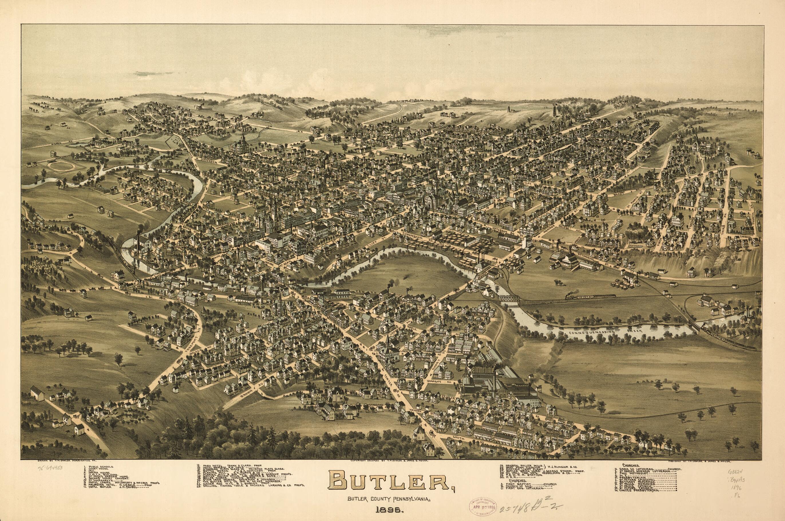 This old map of Butler, Butler County, Pennsylvania, from 1896 was created by T. M. (Thaddeus Mortimer) Fowler, James B. Moyer in 1896