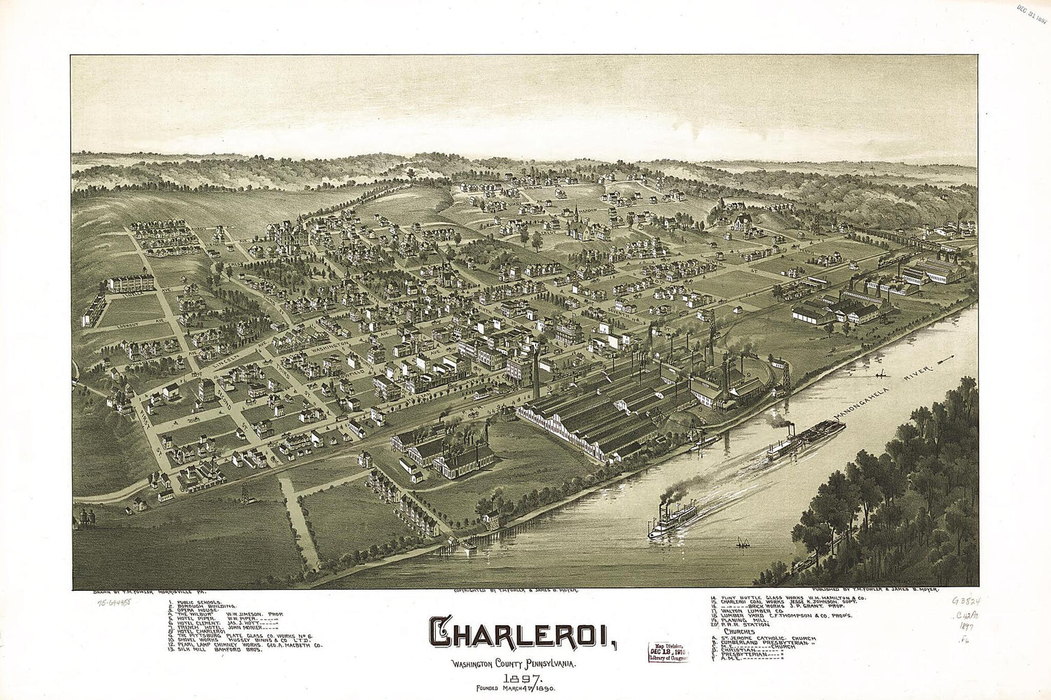 This old map of Charleroi, Washington County, Pennsylvania from 1897 was created by T. M. (Thaddeus Mortimer) Fowler, James B. Moyer in 1897