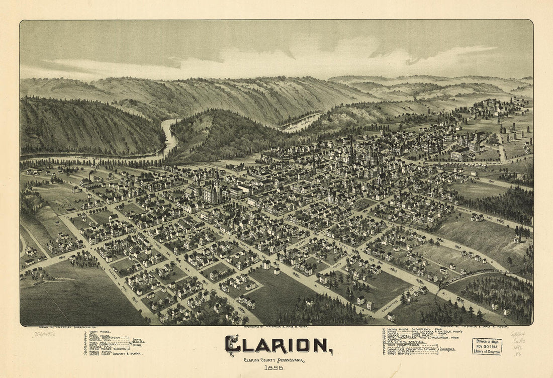 This old map of Clarion, Clarion County, Pennsylvania from 1896 was created by T. M. (Thaddeus Mortimer) Fowler, James B. Moyer in 1896