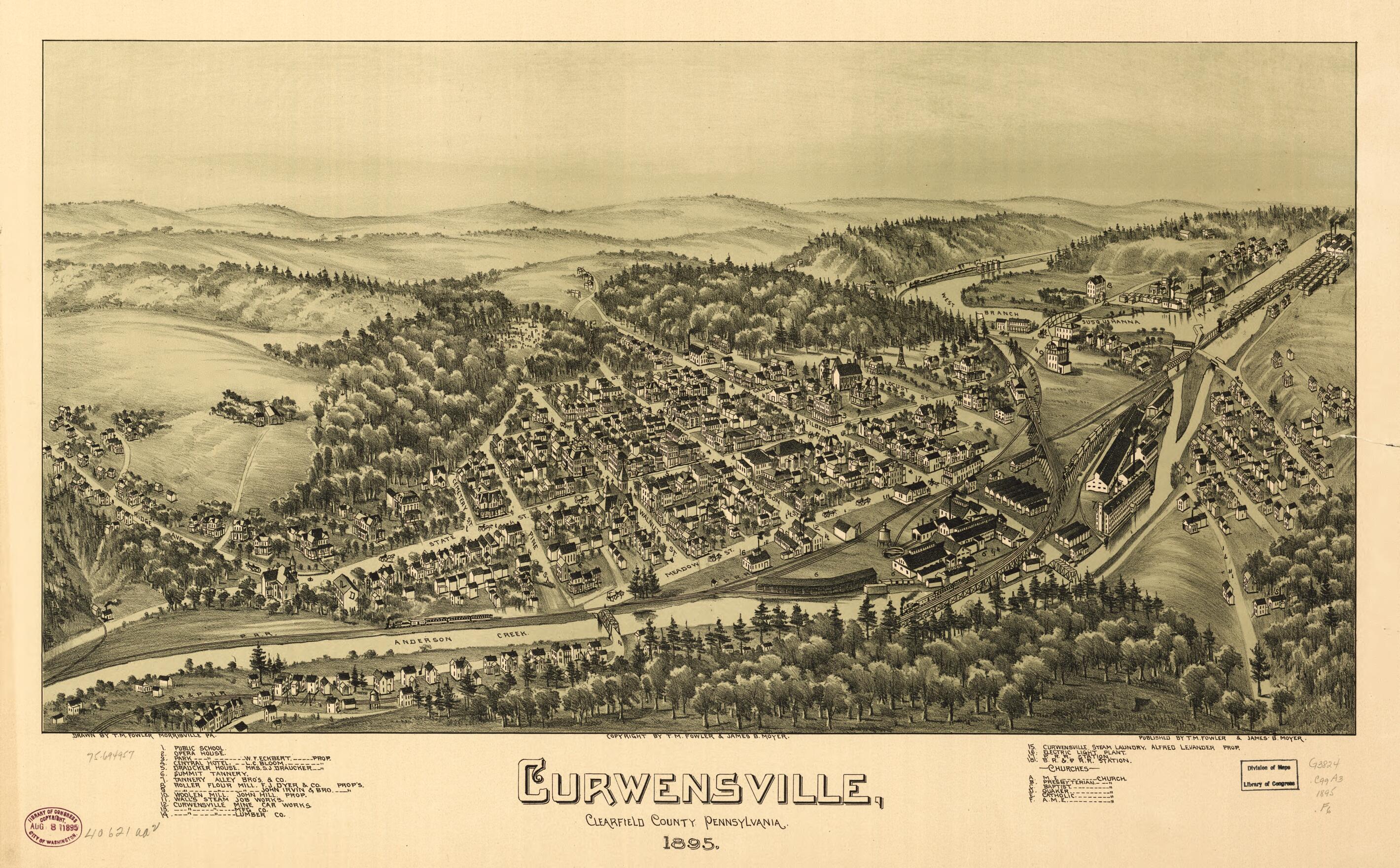 This old map of Curwensville, Clearfield County, Pennsylvania from 1895 was created by T. M. (Thaddeus Mortimer) Fowler, James B. Moyer in 1895