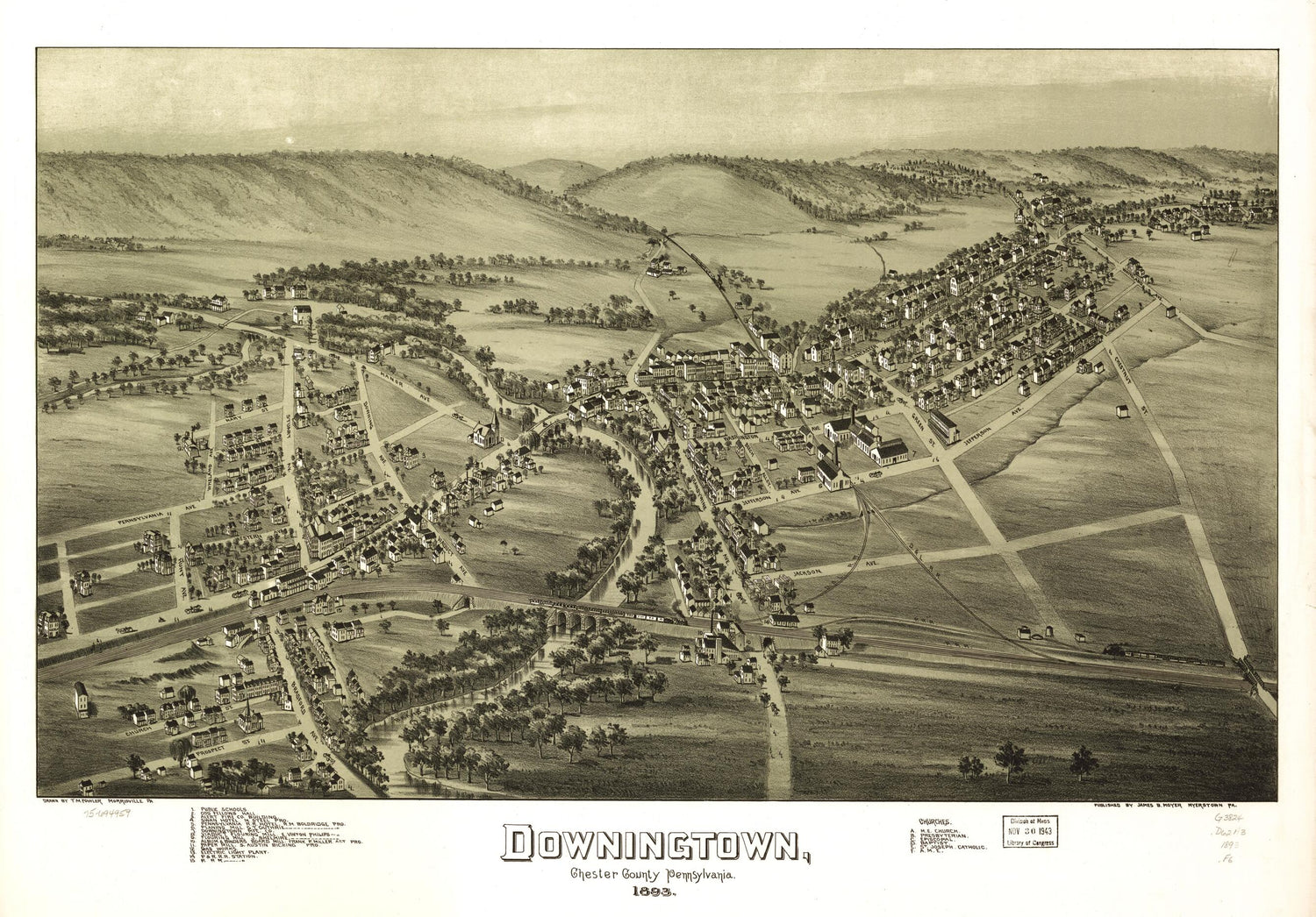 This old map of Downingtown, Chester County, Pennsylvania from 1893 was created by T. M. (Thaddeus Mortimer) Fowler, James B. Moyer in 1893