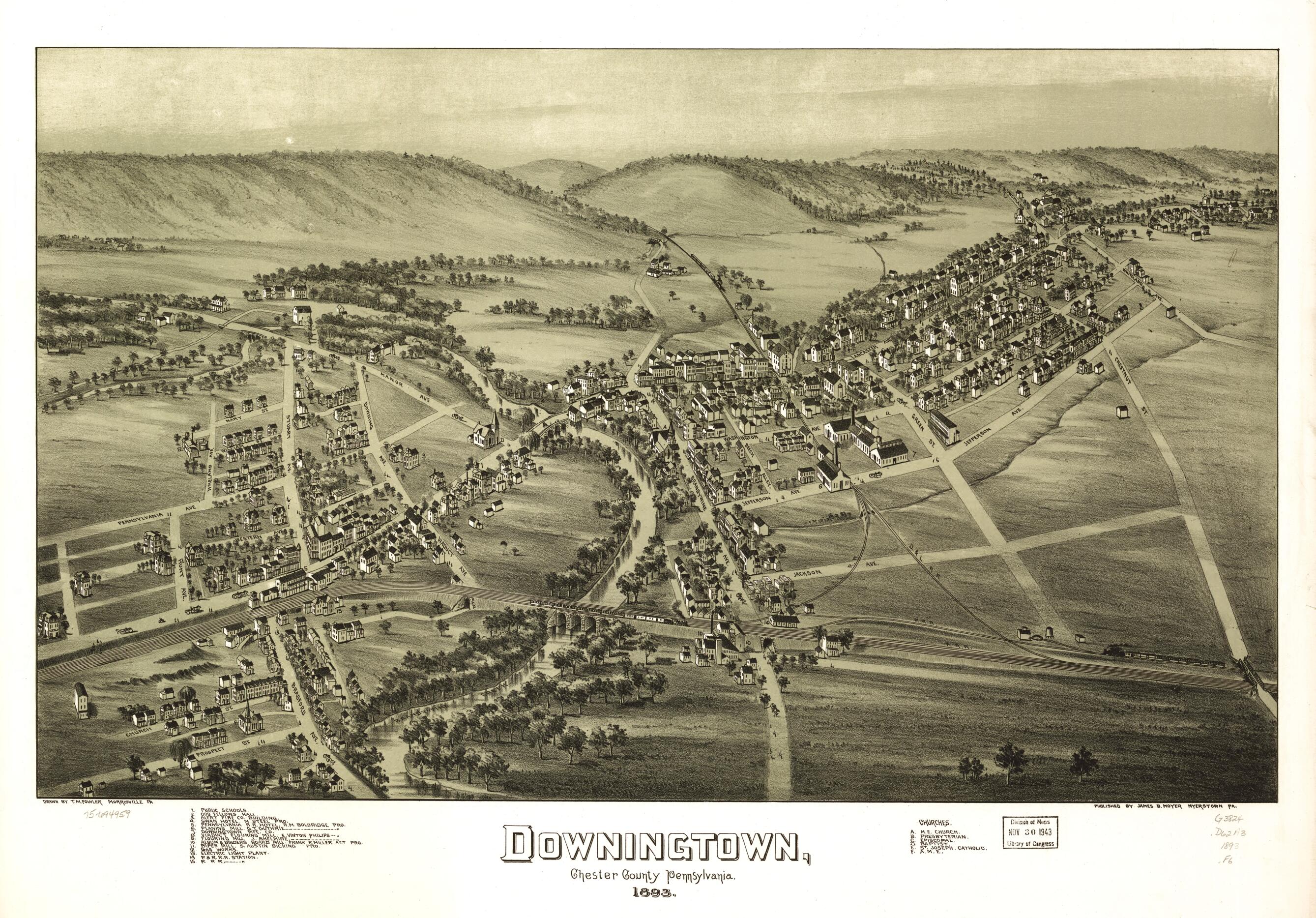 This old map of Downingtown, Chester County, Pennsylvania from 1893 was created by T. M. (Thaddeus Mortimer) Fowler, James B. Moyer in 1893