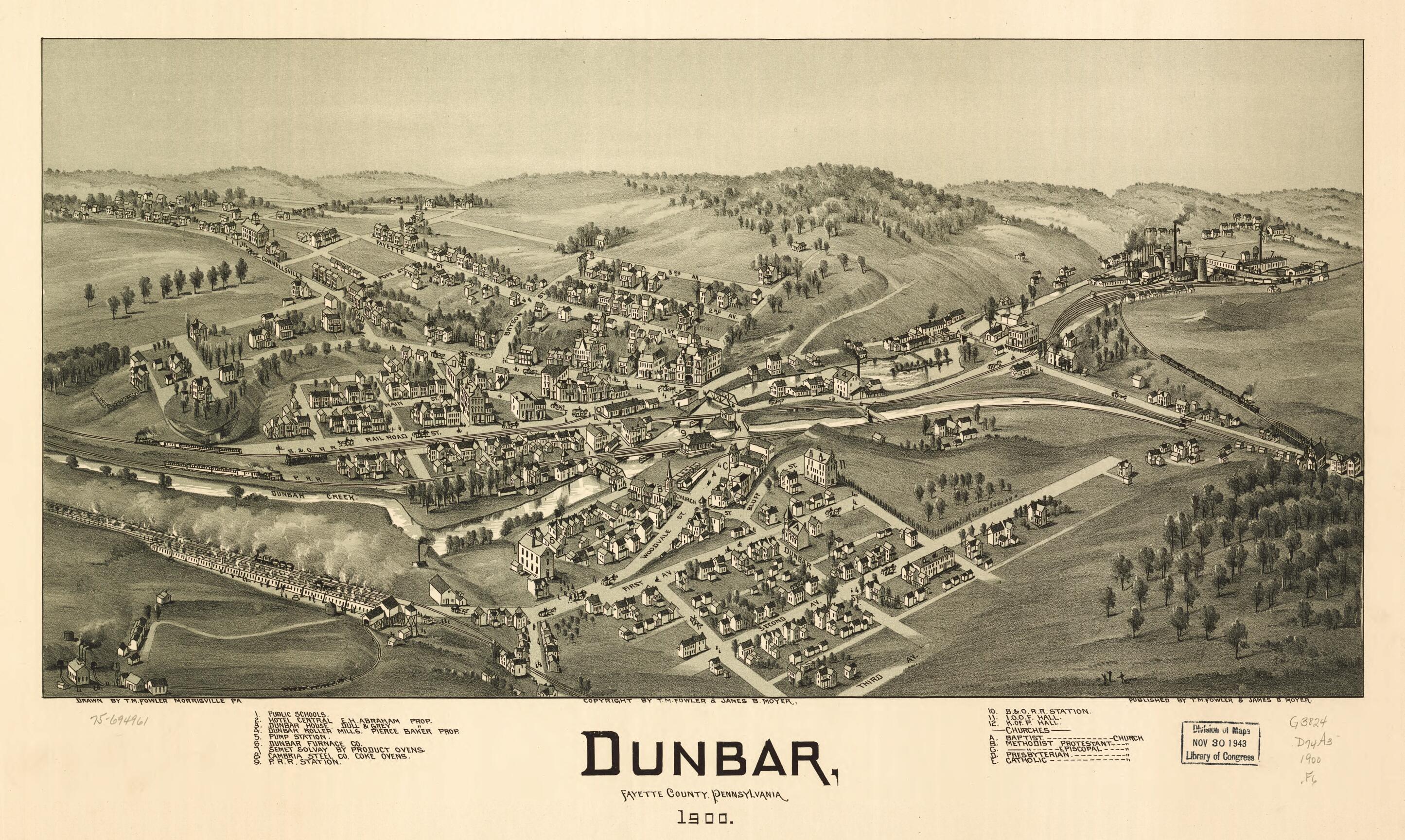 This old map of Dunbar, Fayette County, Pennsylvania from 1900 was created by T. M. (Thaddeus Mortimer) Fowler, James B. Moyer in 1900