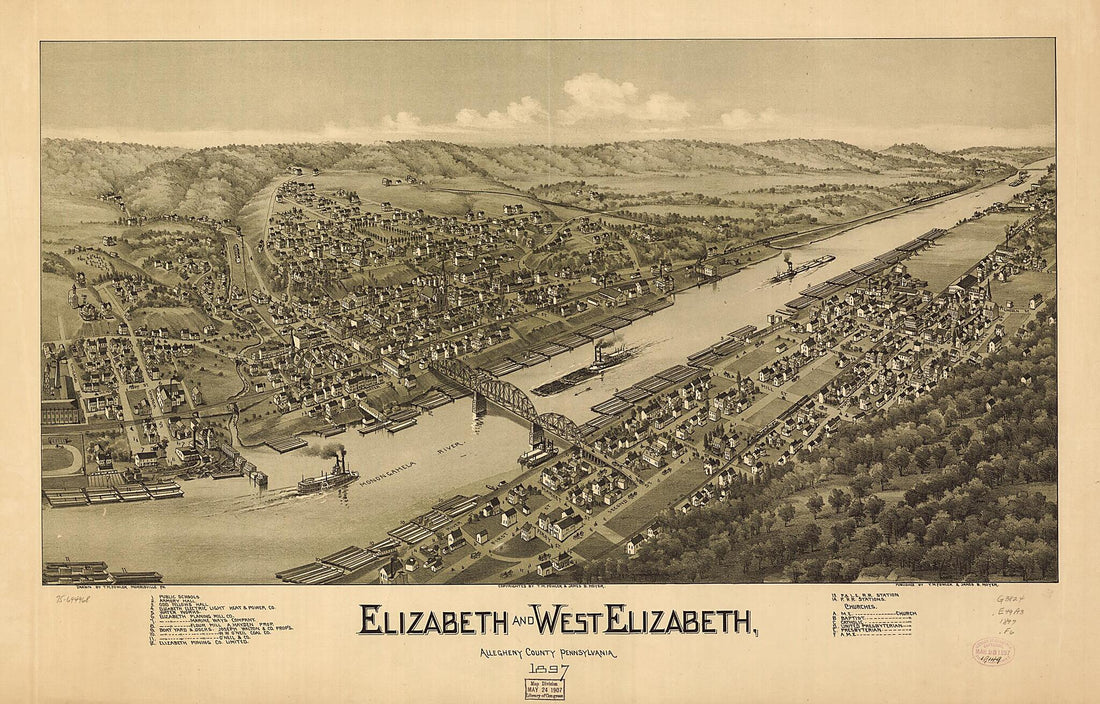 This old map of Elizabeth and West Elizabeth, Allegheny County, Pennsylvania from 1897 was created by T. M. (Thaddeus Mortimer) Fowler, James B. Moyer in 1897