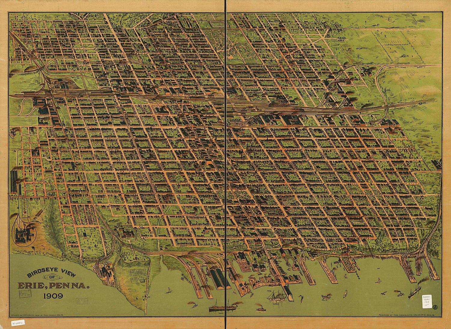 This old map of Birdseye View of Erie, Penna. from 1909 was created by  Lederle (Chas.) &amp; Co, Charles Lederle in 1909