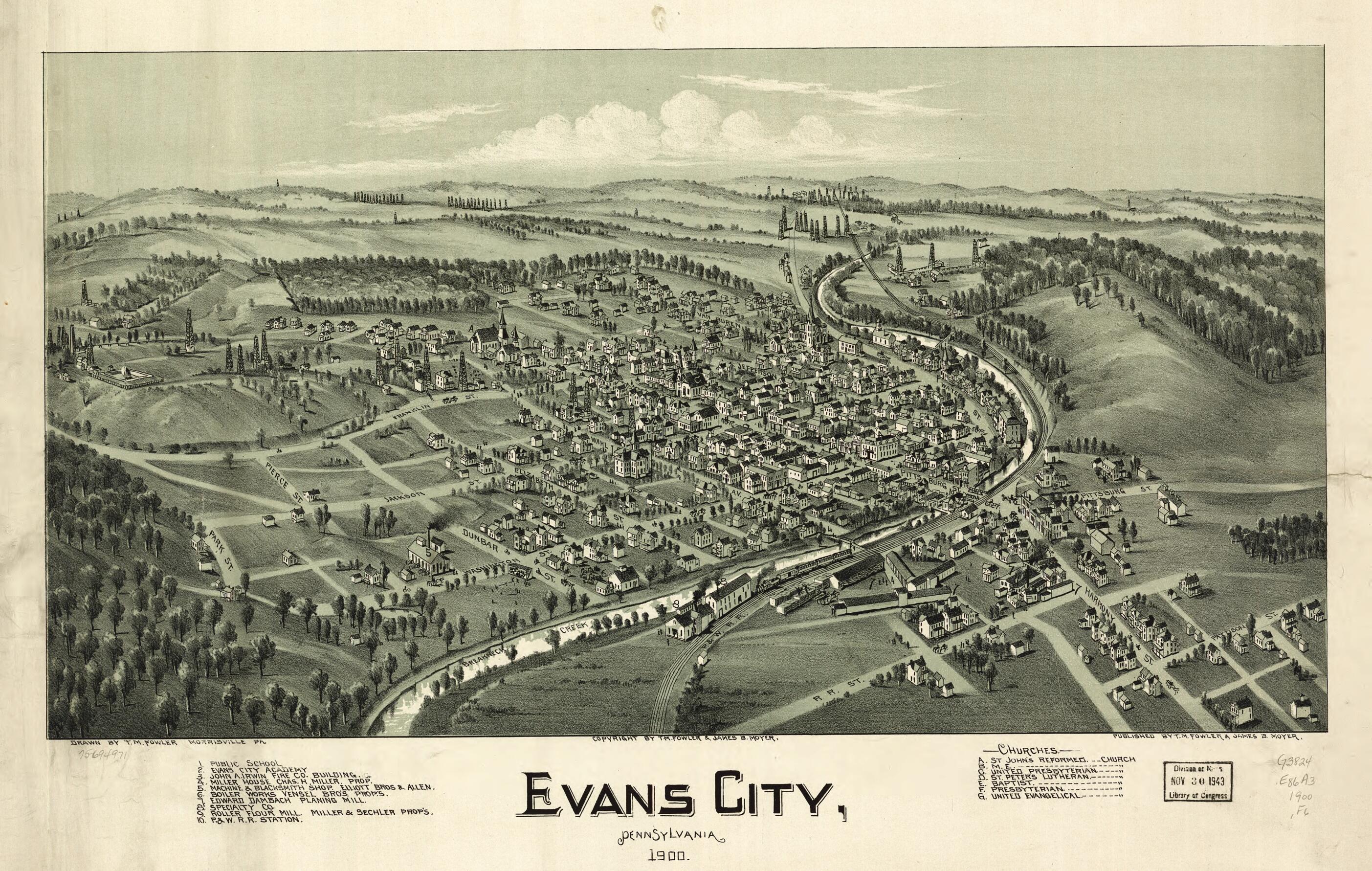 This old map of Evans City, Pennsylvania from 1900 was created by T. M. (Thaddeus Mortimer) Fowler, James B. Moyer in 1900