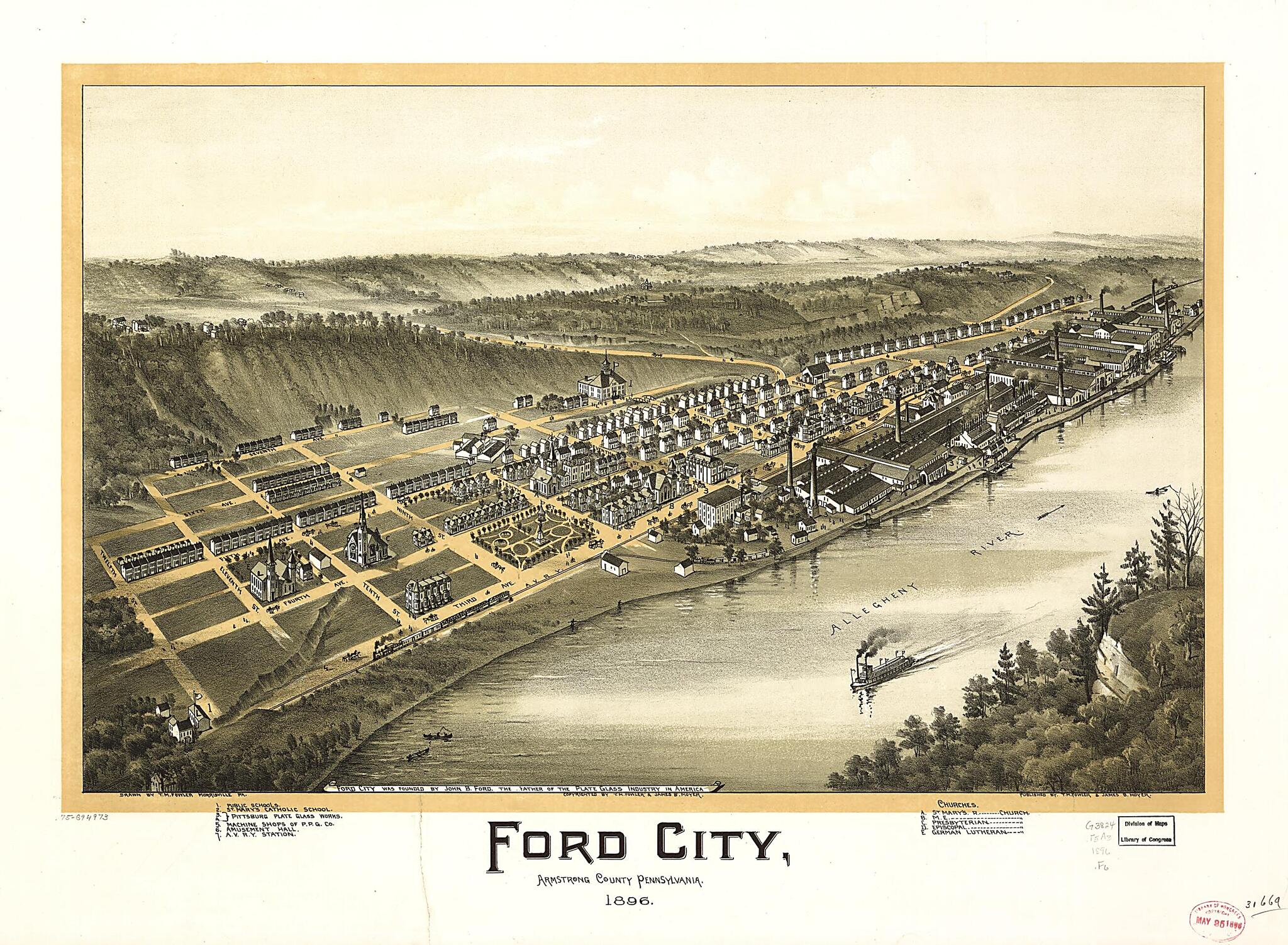 This old map of Ford City, Armstrong County, Pennsylvania, from 1896 was created by T. M. (Thaddeus Mortimer) Fowler, James B. Moyer in 1896