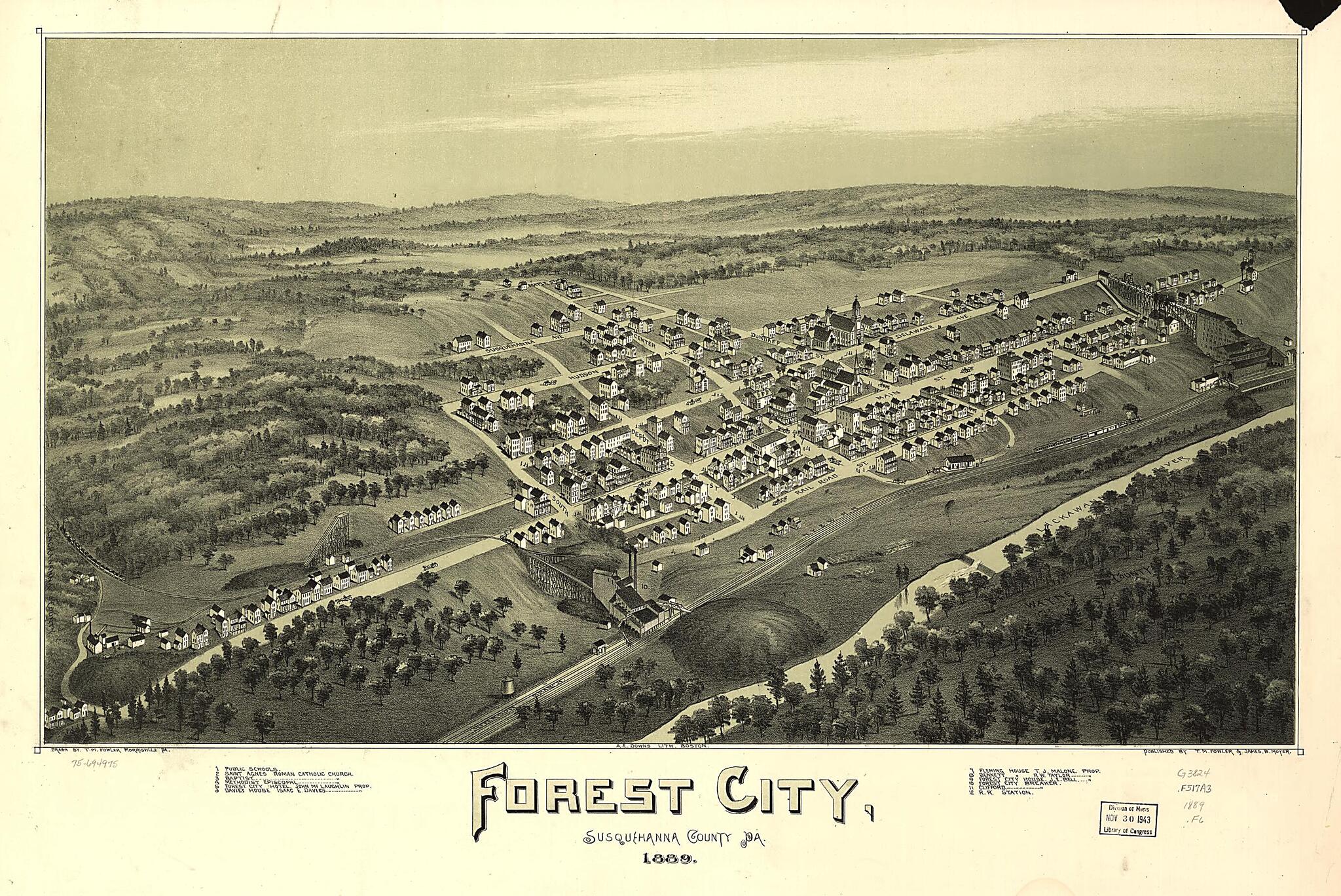 This old map of Forest City, Susquehanna County, Pennsylvania from 1889 was created by A. E. (Albert E.) Downs, T. M. (Thaddeus Mortimer) Fowler, James B. Moyer in 1889