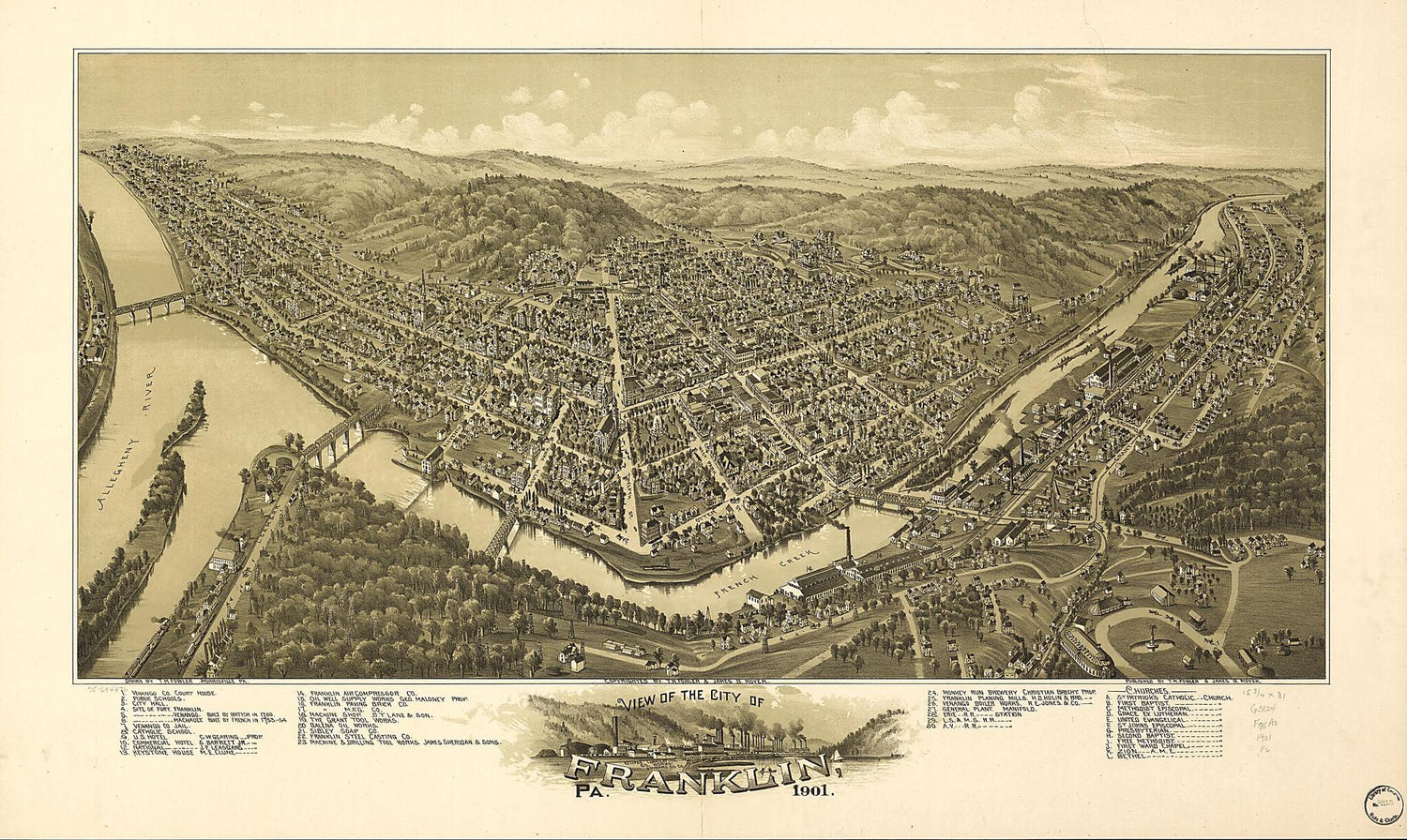 This old map of View of the City of Franklin, Pennsylvania, from 1901 was created by T. M. (Thaddeus Mortimer) Fowler, James B. Moyer in 1901