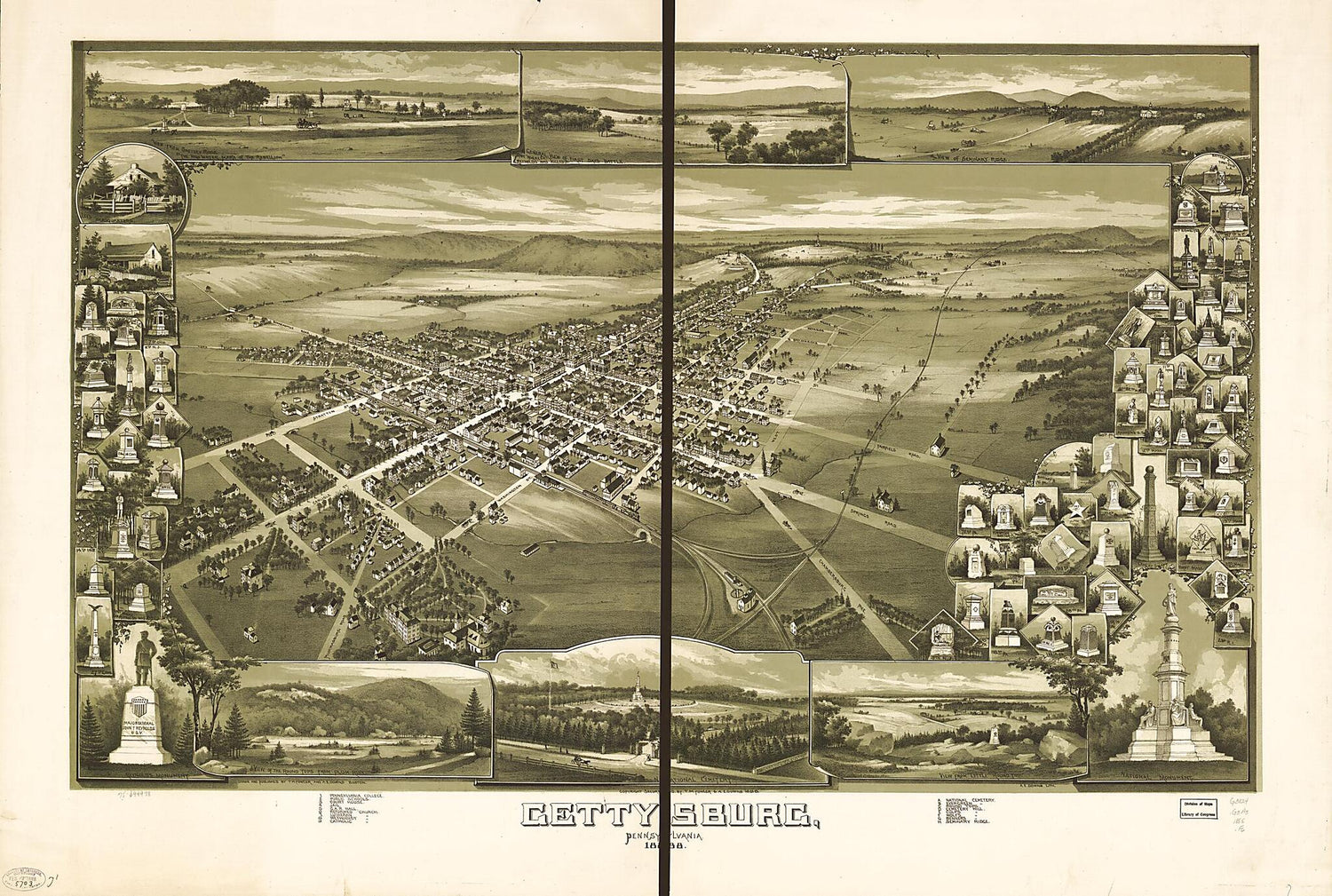 This old map of Gettysburg, Pennsylvania from 1888 was created by A. E. (Albert E.) Downs, T. M. (Thaddeus Mortimer) Fowler in 1888