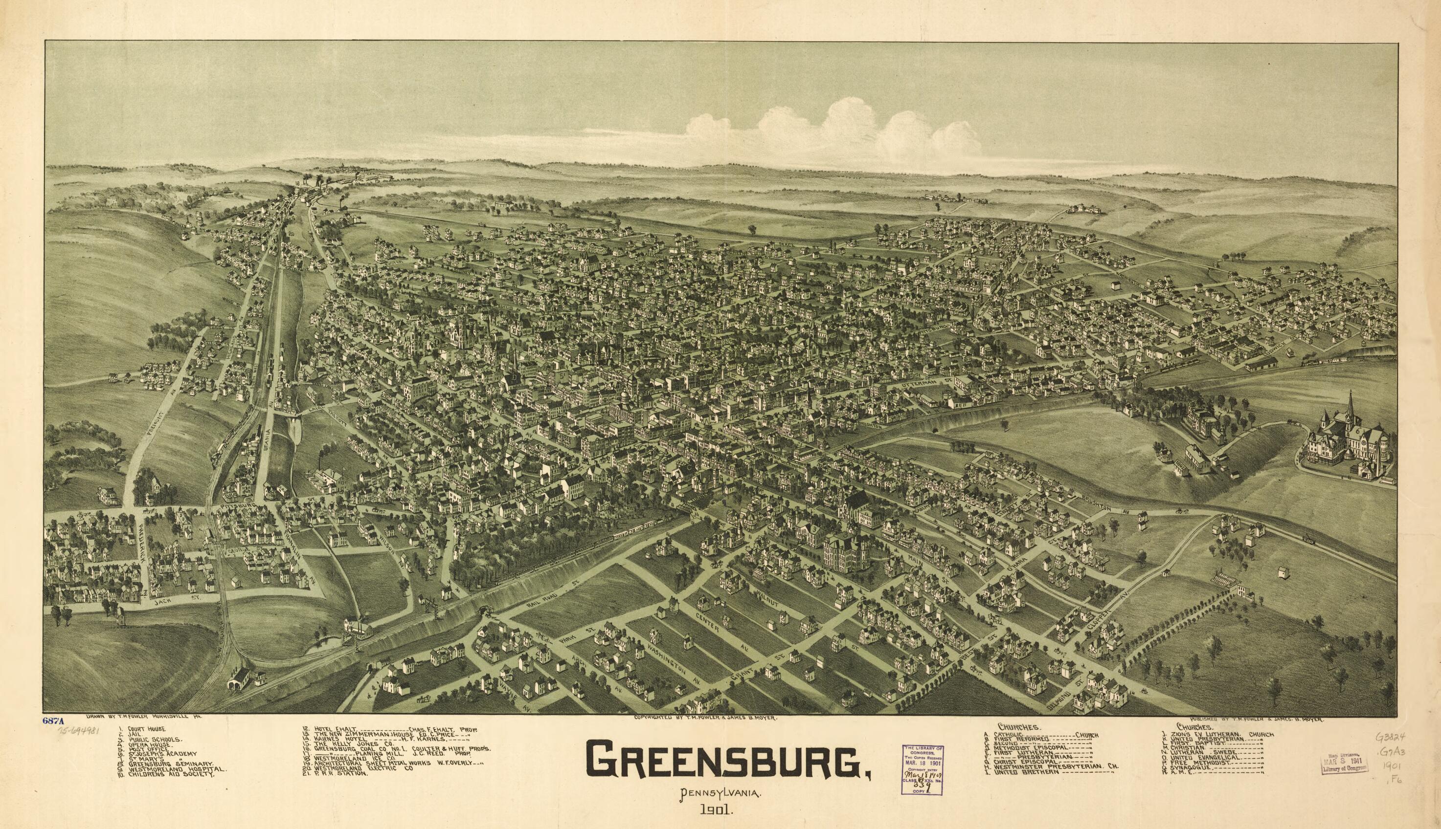 This old map of Greensburg, Pennsylvania from 1901 was created by T. M. (Thaddeus Mortimer) Fowler, James B. Moyer in 1901