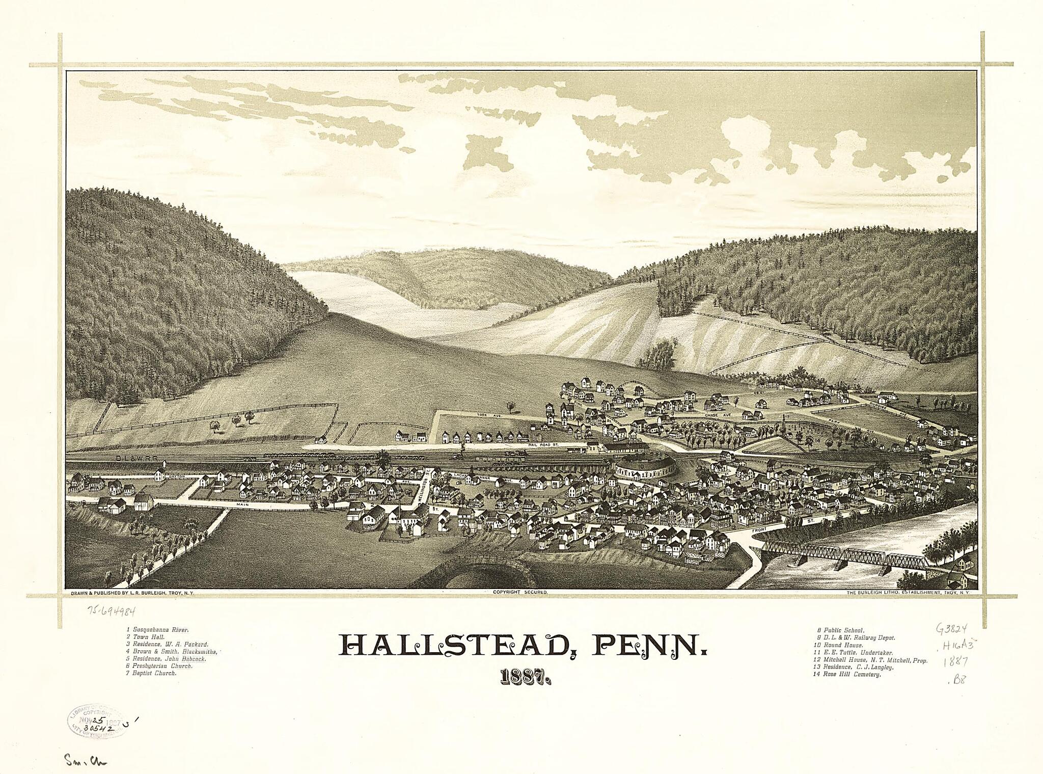 This old map of Hallstead, Pennsylvania from 1887 was created by  Burleigh Litho, L. R. (Lucien R.) Burleigh in 1887