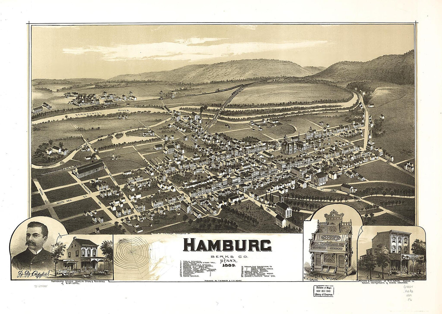 This old map of Hamburg, Berks County, Penna. from 1889 was created by T. M. (Thaddeus Mortimer) Fowler, F. P. Henry in 1889