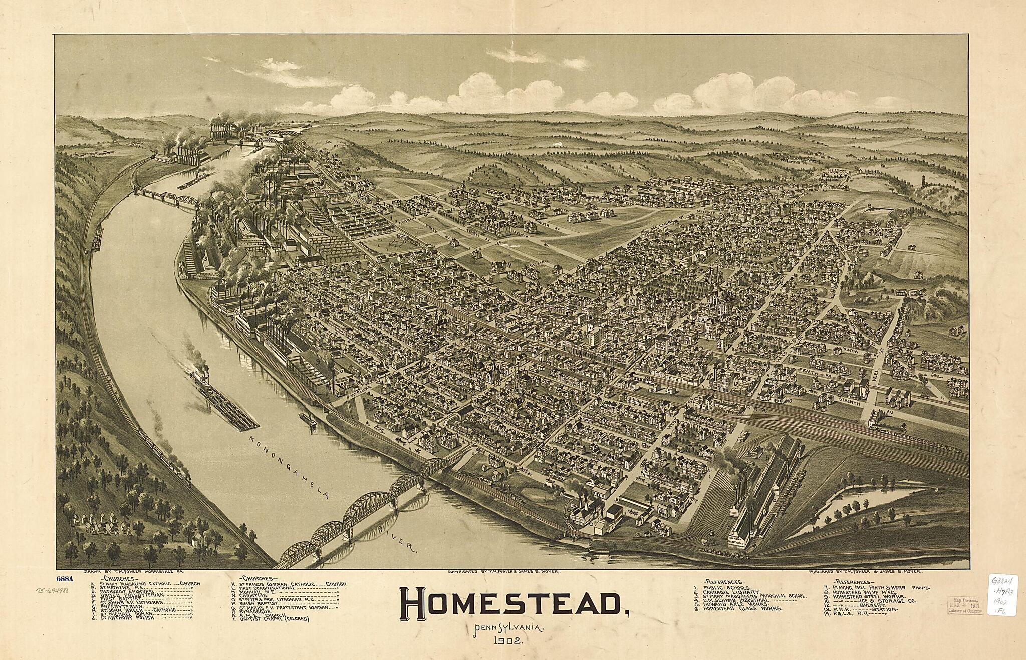 This old map of Homestead, Pennsylvania, from 1902 was created by T. M. (Thaddeus Mortimer) Fowler, James B. Moyer in 1902