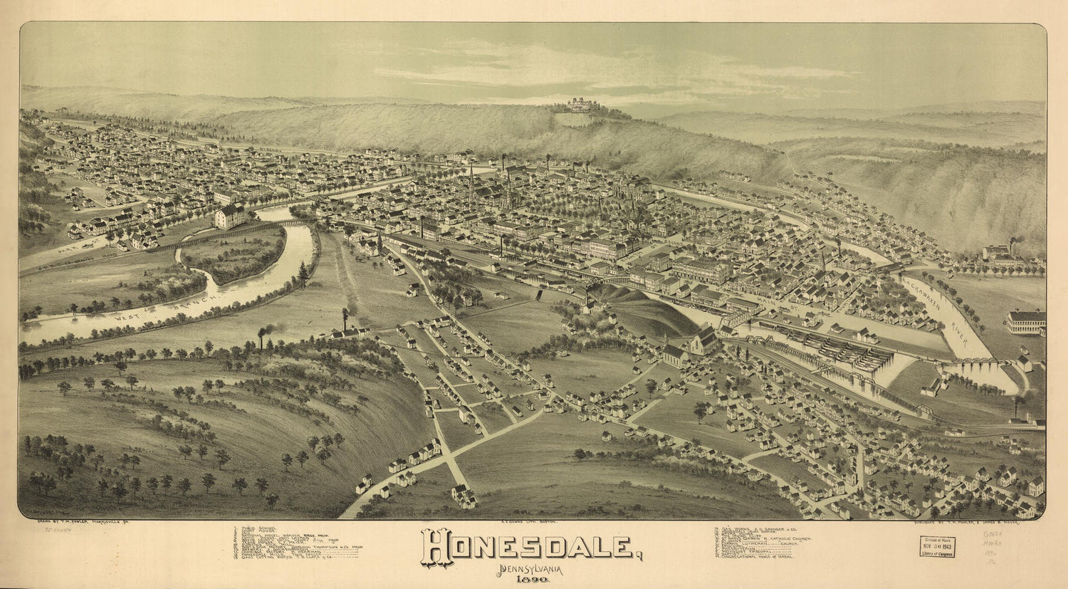 This old map of Honesdale, Pennsylvania from 1890 was created by A. E. (Albert E.) Downs, T. M. (Thaddeus Mortimer) Fowler, James B. Moyer in 1890