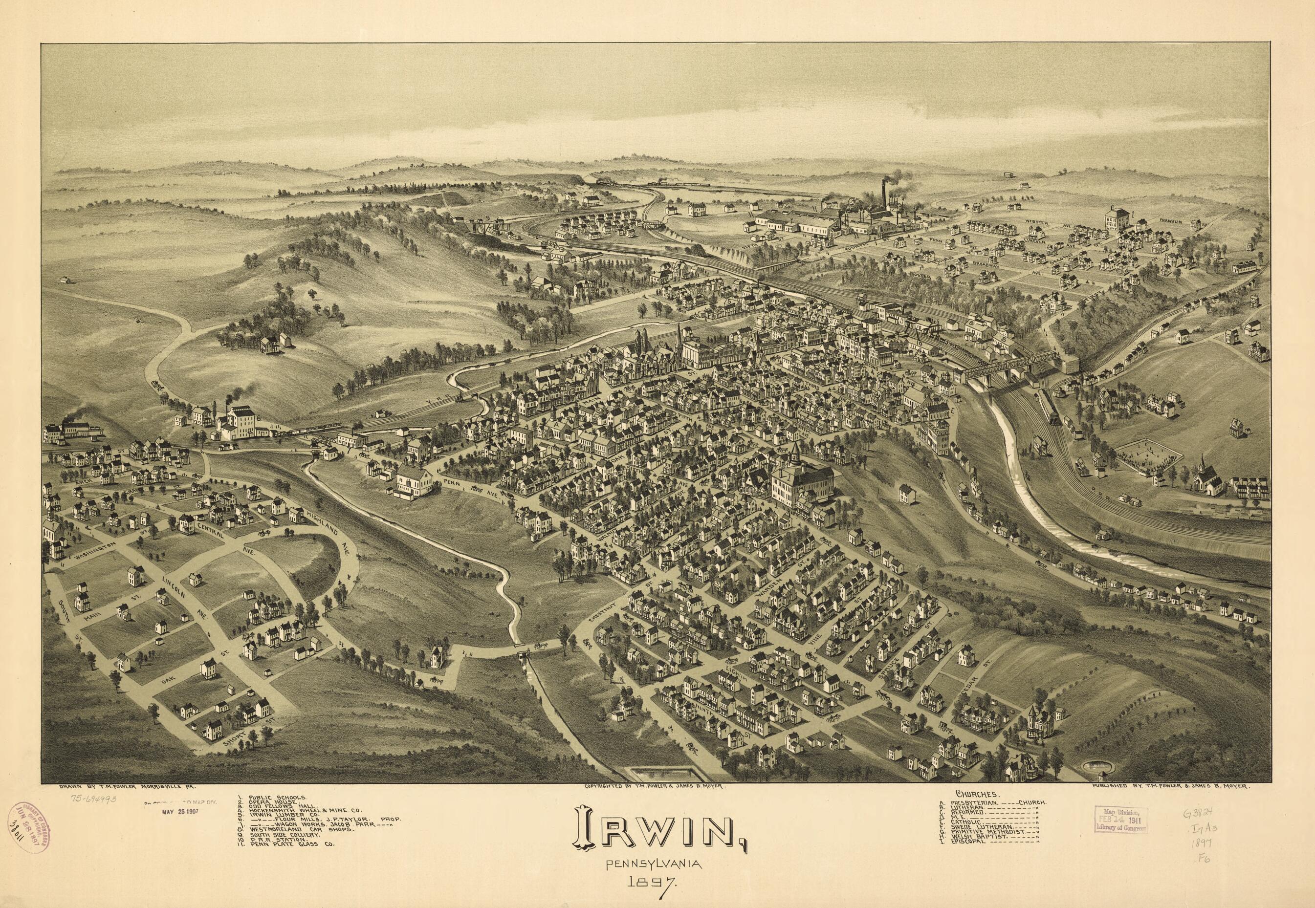 This old map of Irwin, Pennsylvania from 1897 was created by T. M. (Thaddeus Mortimer) Fowler, James B. Moyer in 1897