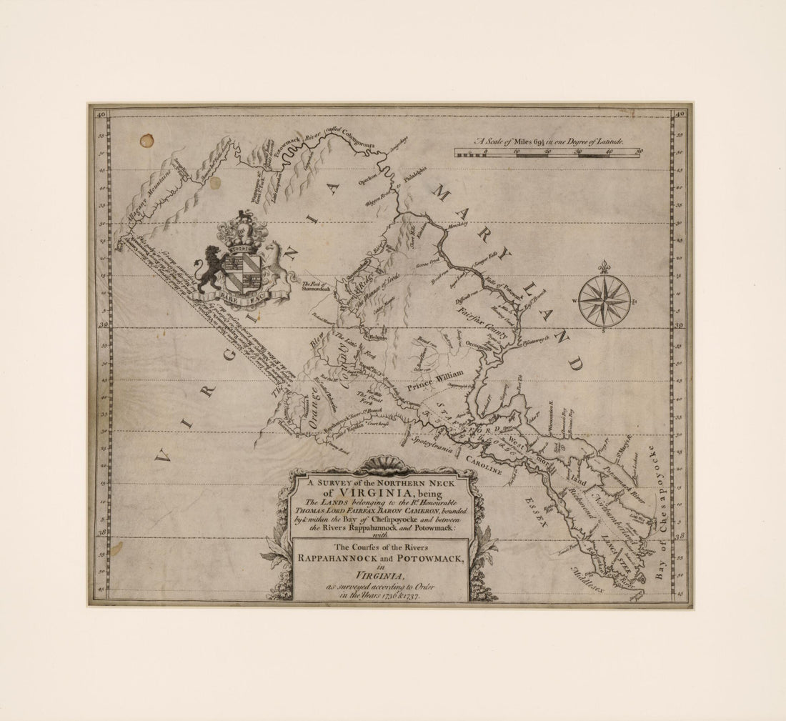 This old map of A Survey of the Northern Neck of Virginia, Being the Lands Belonging to the Rt. Honourable Thomas Lord Fairfax Baron Cameron, Bounded by &amp; Within the Bay of Chesapoyocke and Between the Rivers Rappahannock and Potowmack: With the Courses 