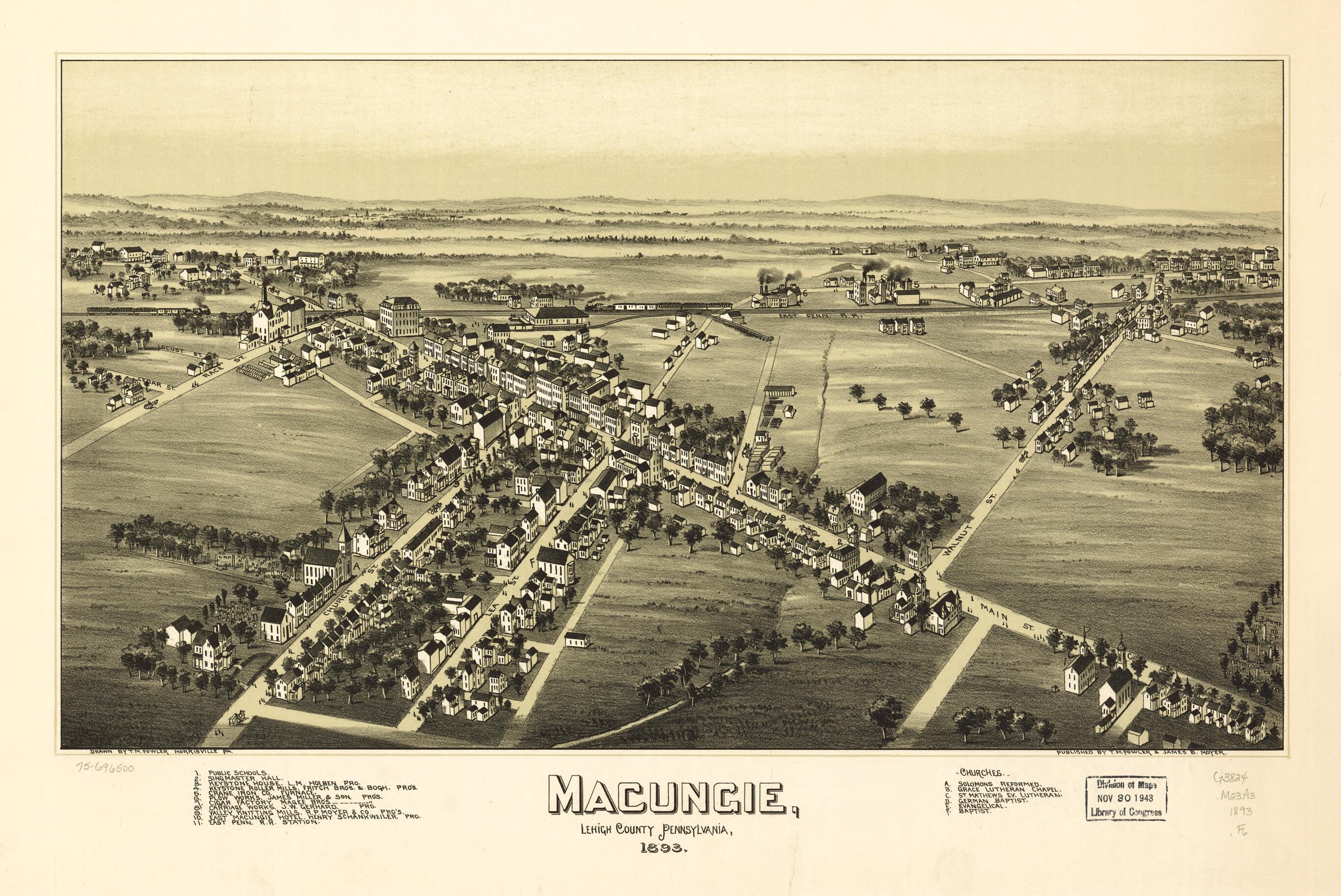 This old map of Macungie, Lehigh County, Pennsylvania, from 1893 was created by T. M. (Thaddeus Mortimer) Fowler, James B. Moyer in 1893