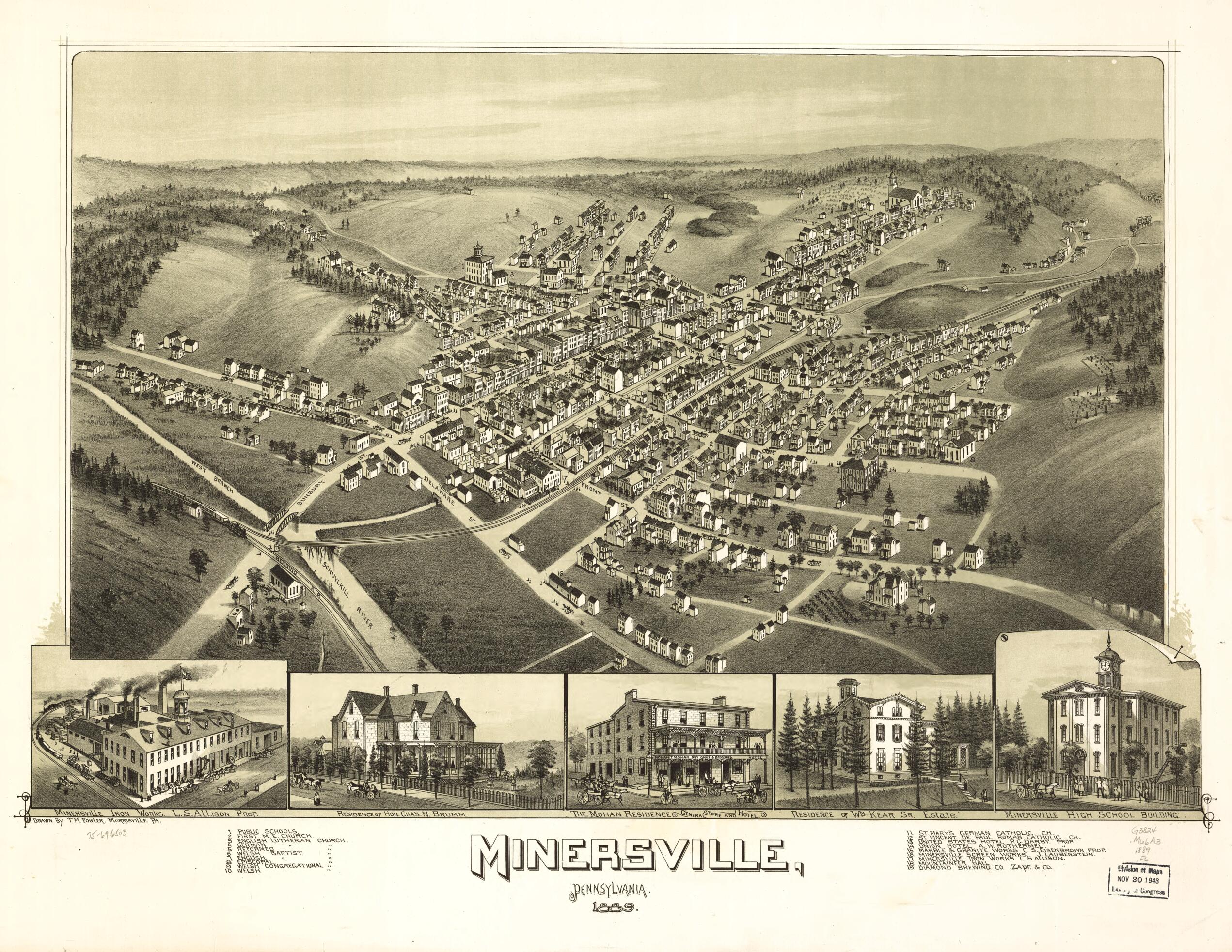 This old map of Minersville, Pennsylvania, from 1889 was created by T. M. (Thaddeus Mortimer) Fowler in 1889