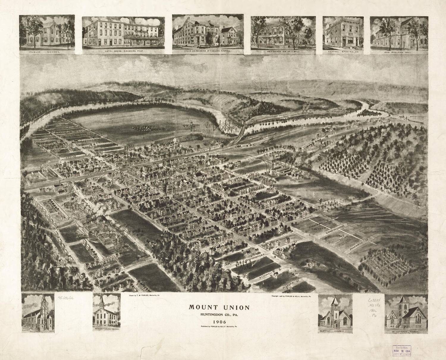 This old map of Mount Union, Huntingdon County, Pennsylvania from 1906 was created by  Fowler &amp; Kelly, T. M. (Thaddeus Mortimer) Fowler in 1906