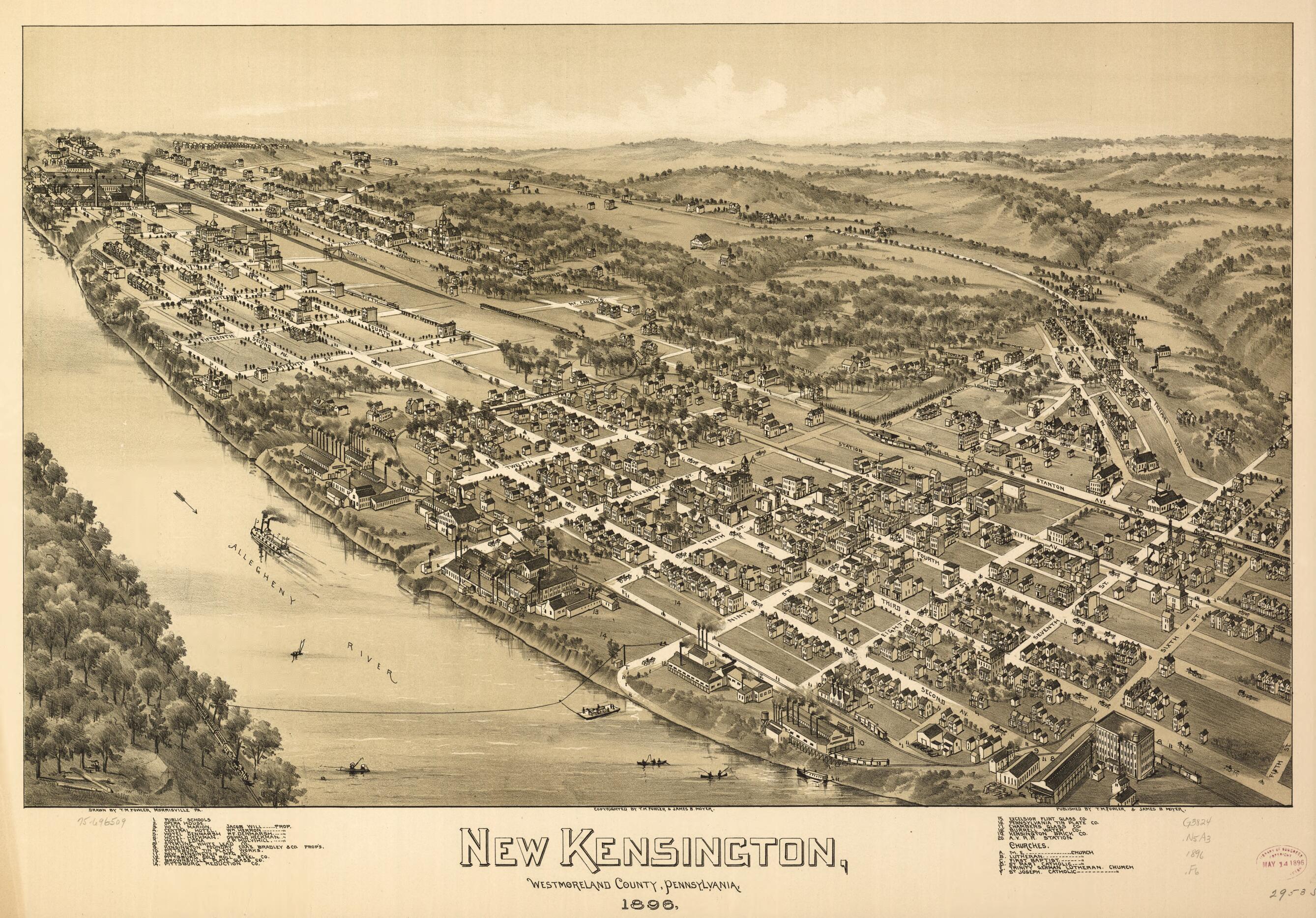 This old map of New Kensington, Westmoreland County, Pennsylvania, from 1896 was created by T. M. (Thaddeus Mortimer) Fowler, James B. Moyer in 1896