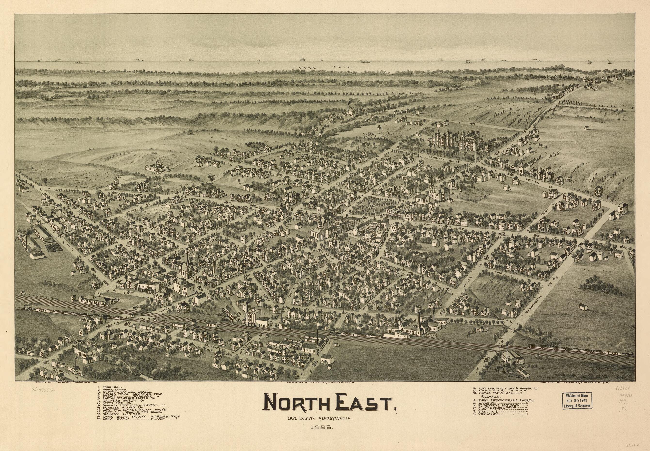 This old map of North East, Erie County, Pennsylvania, from 1896 was created by T. M. (Thaddeus Mortimer) Fowler, James B. Moyer in 1896