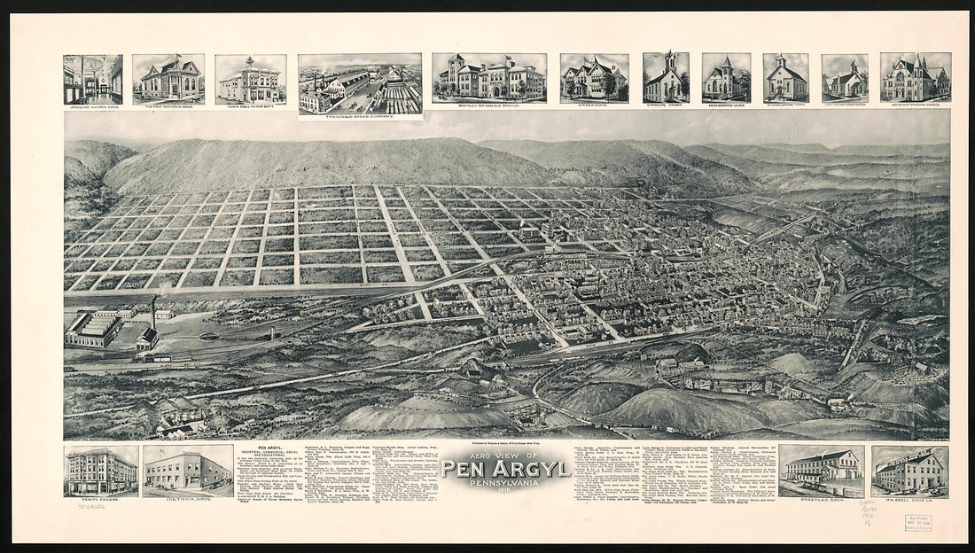This old map of Aero View of Pen Argyl, Pennsylvania from 1916 was created by T. M. (Thaddeus Mortimer) Fowler,  Hughes &amp; Bailey in 1916