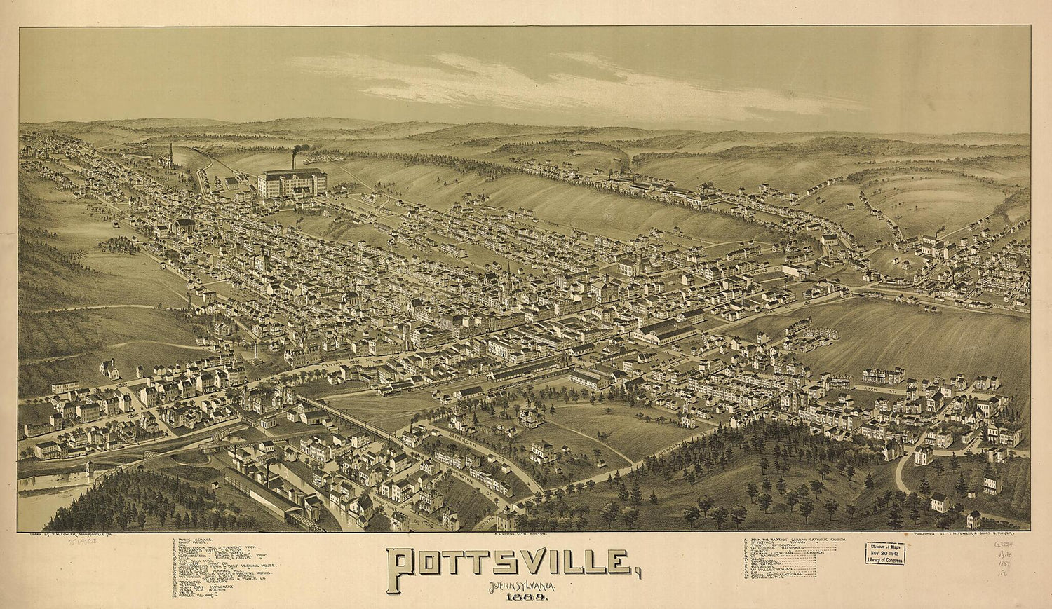 This old map of Pottsville, Pennsylvania from 1889 was created by A. E. (Albert E.) Downs, T. M. (Thaddeus Mortimer) Fowler, James B. Moyer in 1889