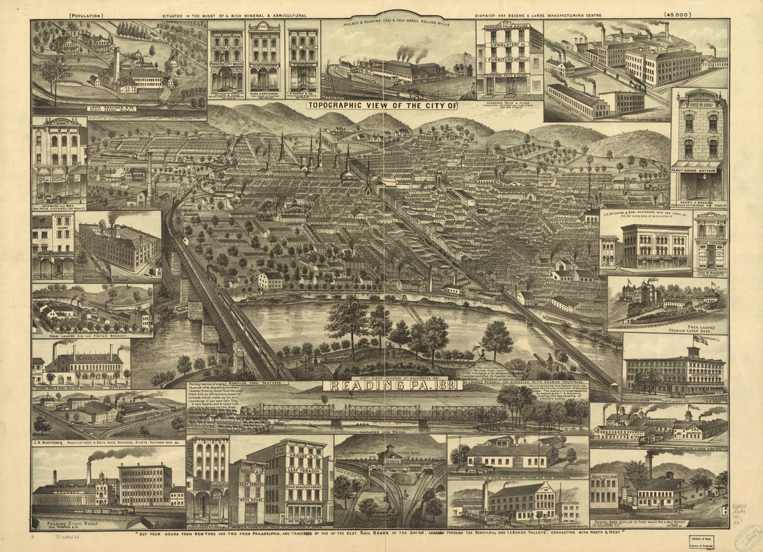 This old map of Topographic View of the City of Reading, Pennsylvania from 1881 was created by J. Hanold Kendall in 1881