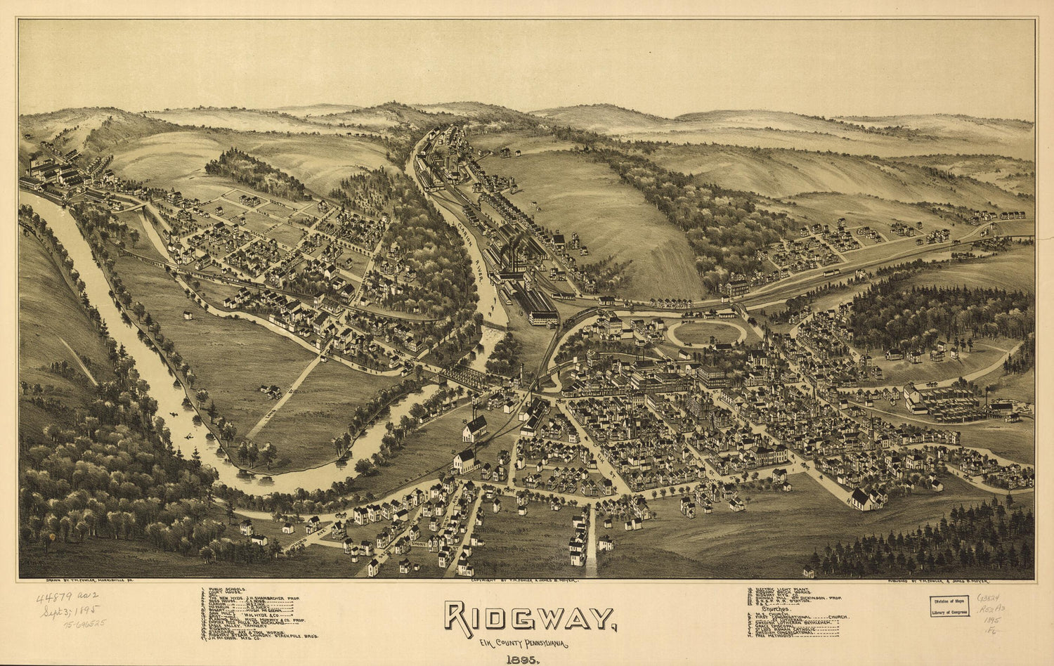 This old map of Ridgway, Elk County, Pennsylvania, from 1895 was created by T. M. (Thaddeus Mortimer) Fowler, James B. Moyer in 1895