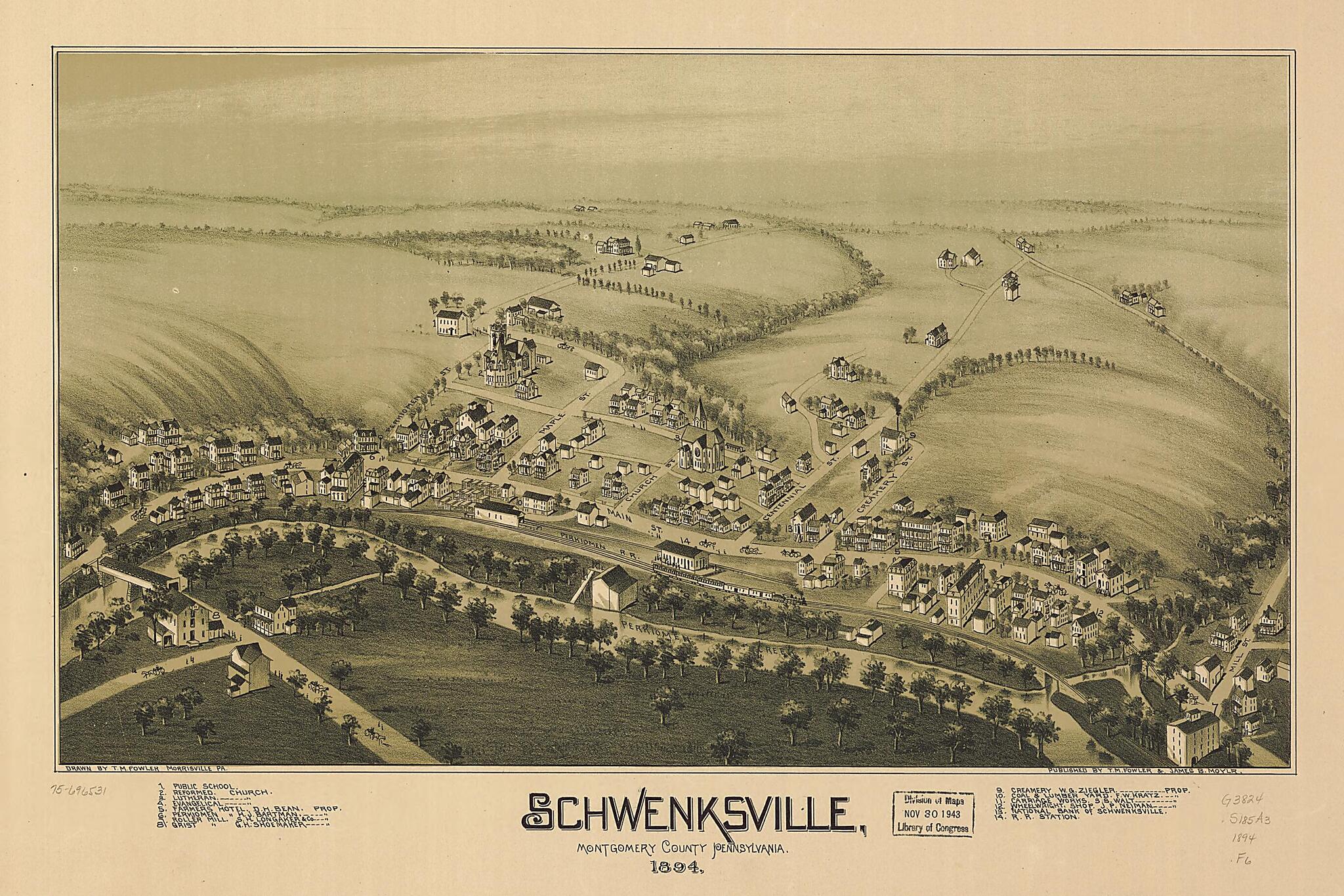 This old map of Schwenksville, Montgomery County, Pennsylvania, from 1894 was created by T. M. (Thaddeus Mortimer) Fowler, James B. Moyer in 1894