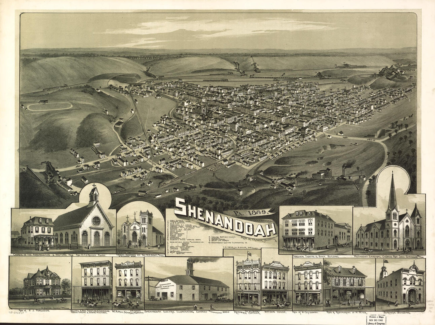 This old map of Shenandoah, Pennsylvania from 1889 was created by T. M. (Thaddeus Mortimer) Fowler, James B. Moyer in 1889