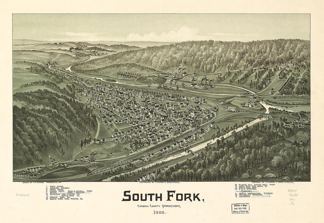 This old map of South Fork, Cambria County, Pennsylvania from 1900 was created by T. M. (Thaddeus Mortimer) Fowler, James B. Moyer in 1900