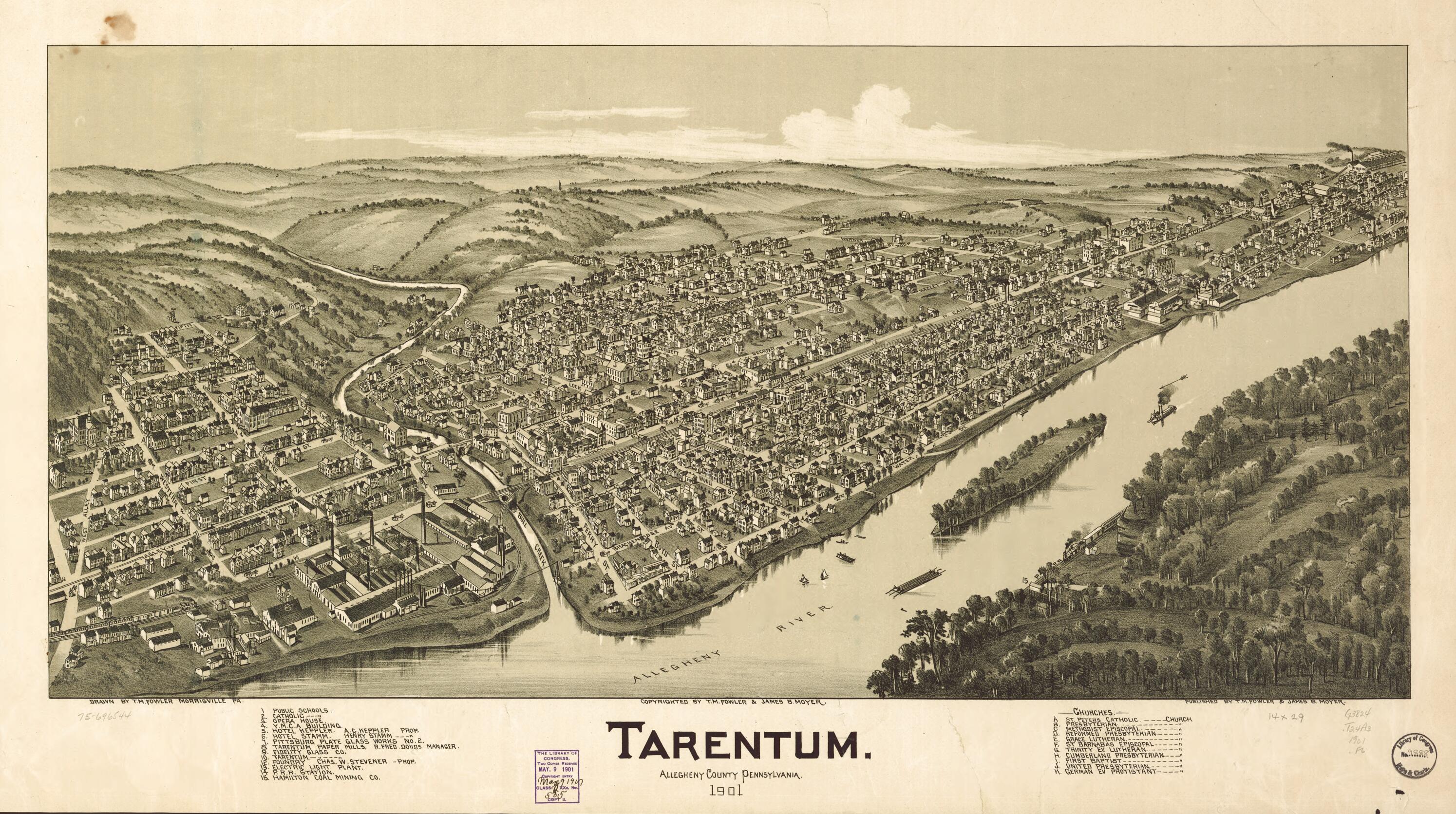 This old map of Tarentum, Allegheny County, Pennsylvania, from 1901 was created by T. M. (Thaddeus Mortimer) Fowler, James B. Moyer in 1901