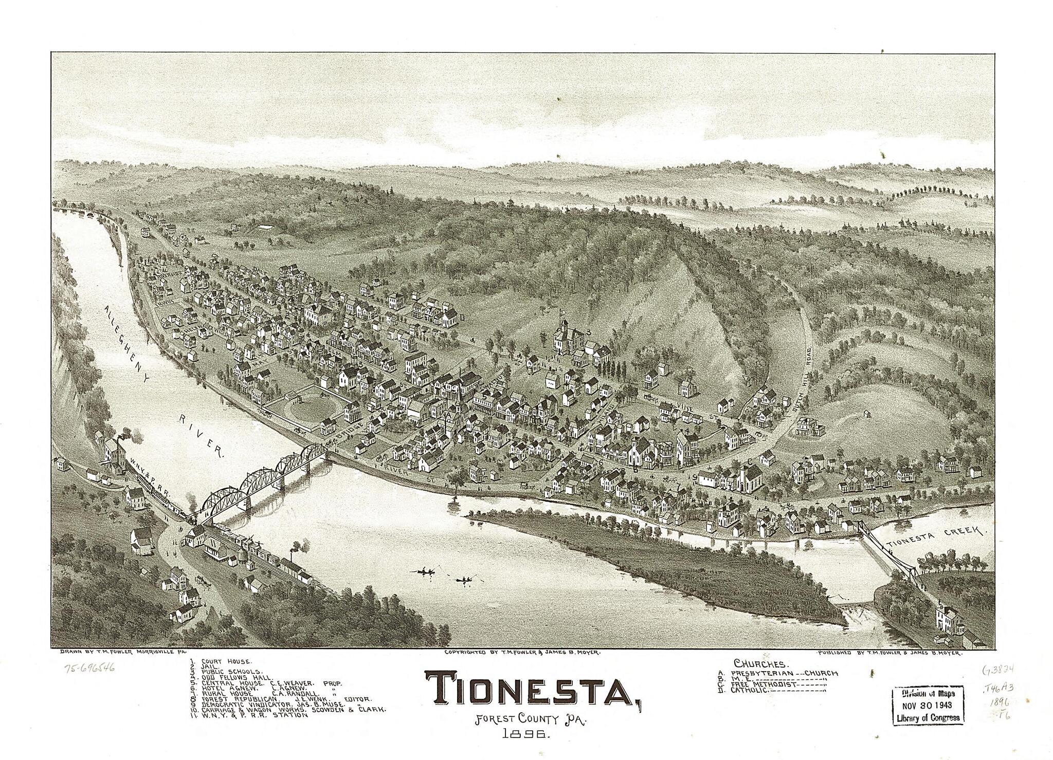 This old map of Tionesta, Forest County, Pennsylvania from 1896 was created by T. M. (Thaddeus Mortimer) Fowler, James B. Moyer in 1896