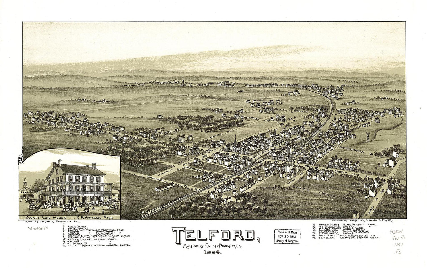 This old map of Telford, Montgomery County, Pennsylvania from 1894 was created by T. M. (Thaddeus Mortimer) Fowler, James B. Moyer in 1894